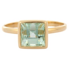 Natural Aquamarine Square Cut Gemstone Ring in 18K Yellow Gold