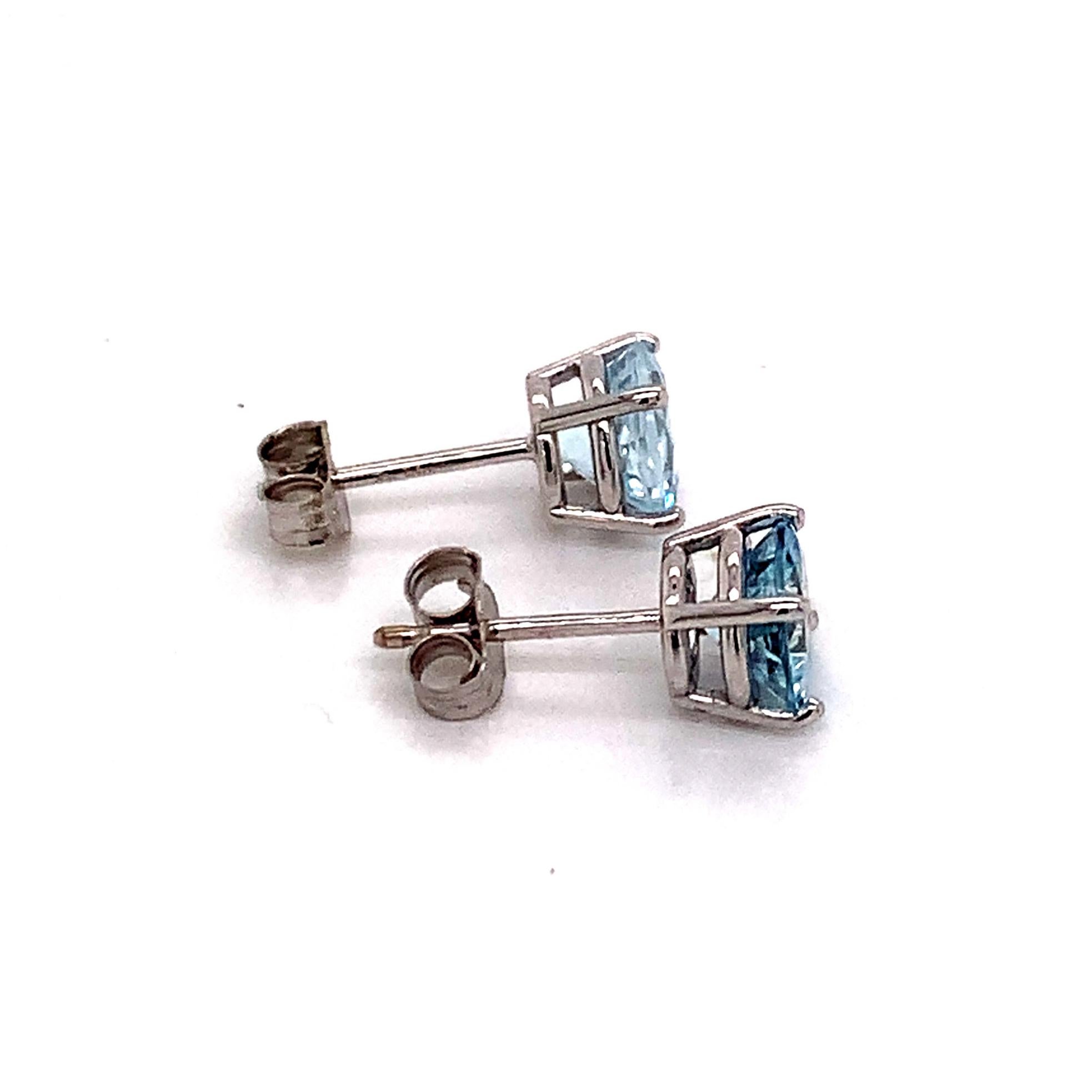 Round Cut Natural Aquamarine Stud Earrings 14k White Gold 1.3 TCW Certified For Sale