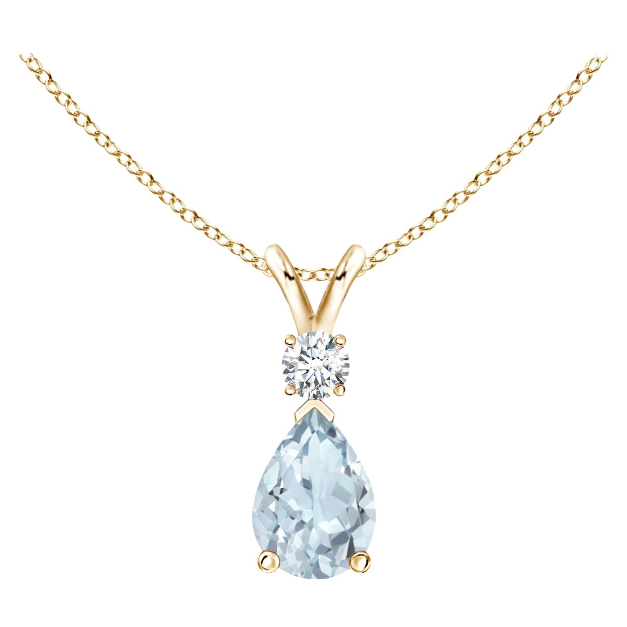 Natürlicher Aquamarin-Tropfen-Anhänger mit Diamant in 14 Karat Gelbgold