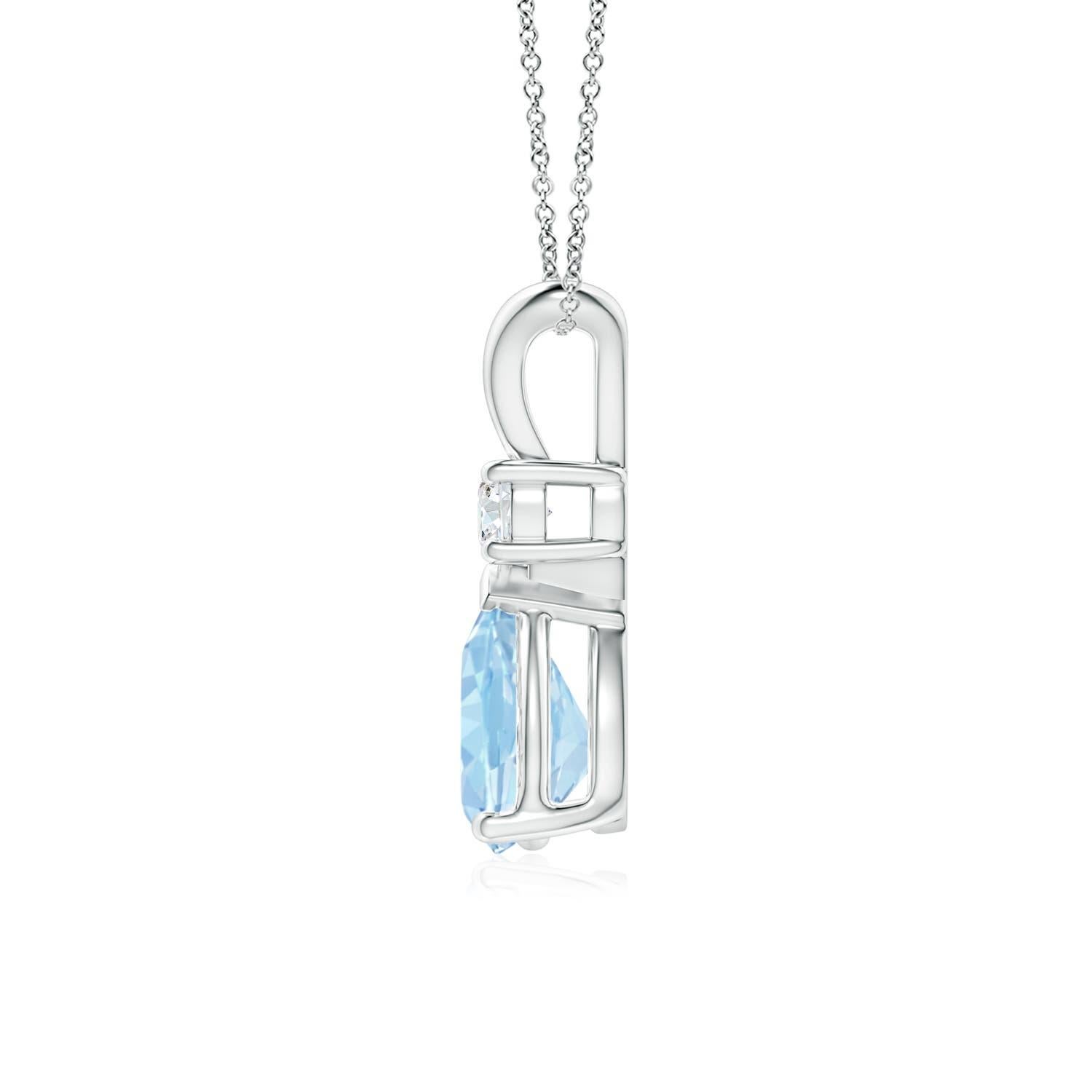 This classic solitaire pendant features a pear-shaped aquamarine secured in a prong setting. A radiant diamond sits atop the pastel blue gemstone adding to the design's sparkle. Crafted in silver, this polished v-bale pendant is sure to draw the
