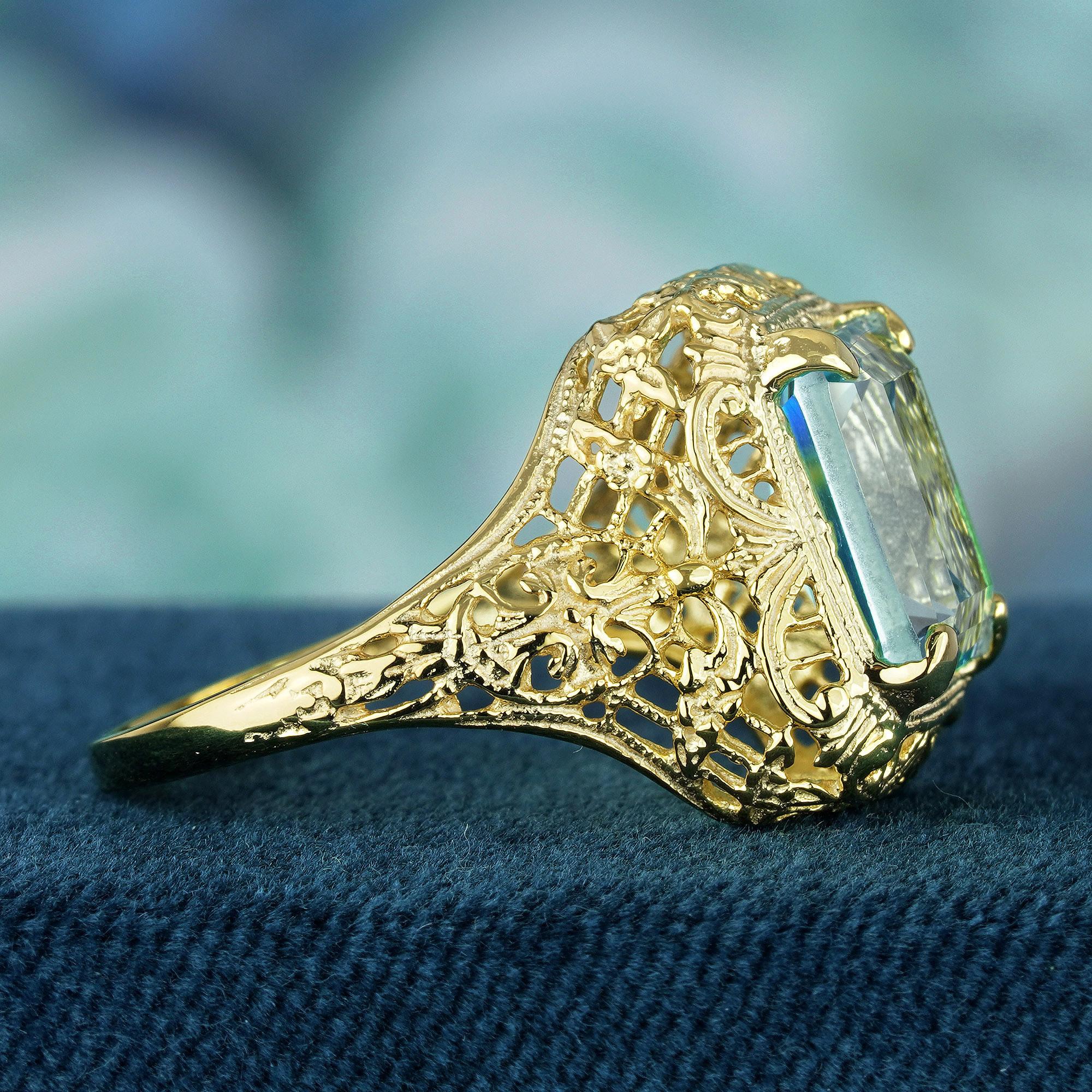 Emerald Cut Natural Aquamarine Vintage Style Filigree Ring in Solid 9K Yellow Gold For Sale