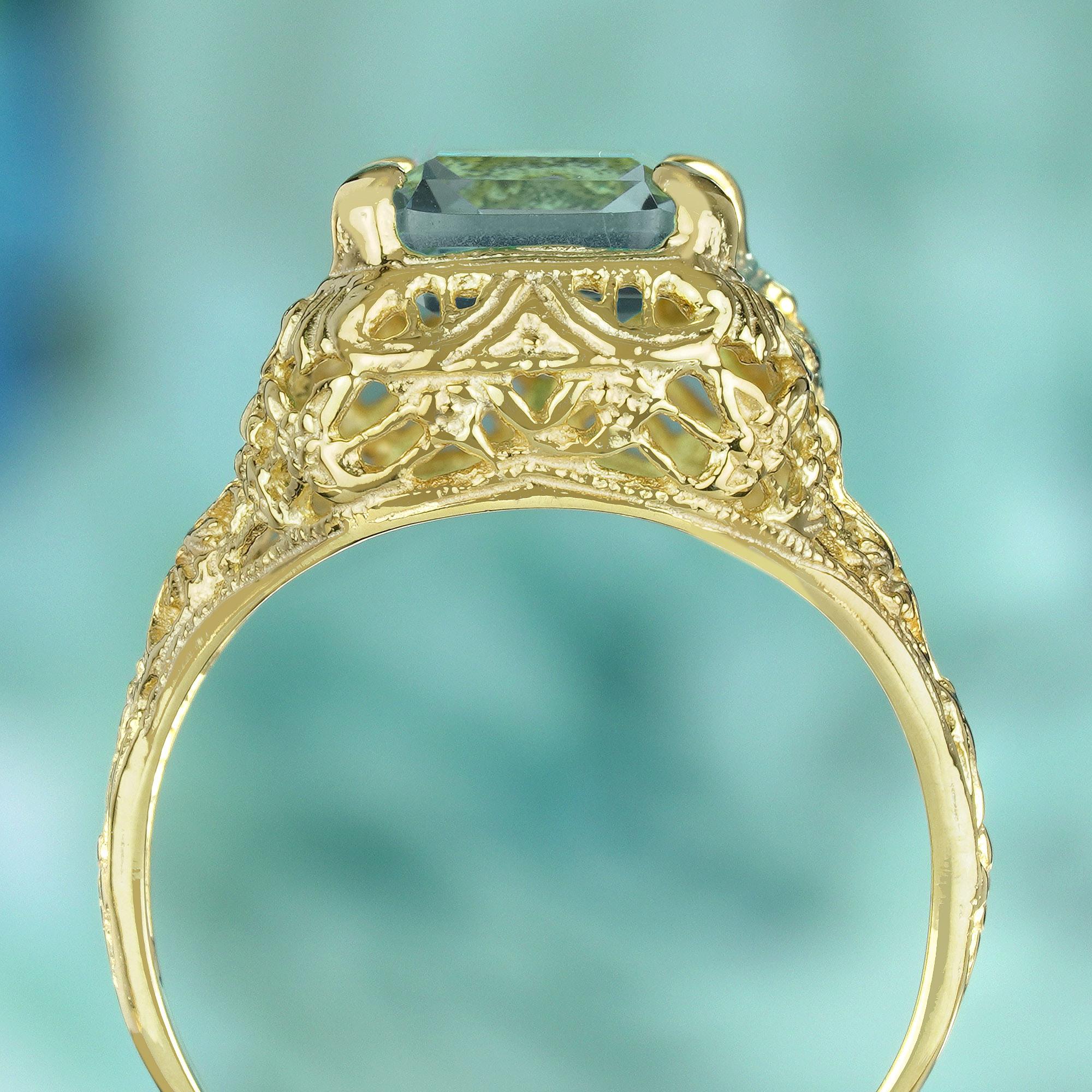Natural Aquamarine Vintage Style Filigree Ring in Solid 9K Yellow Gold In New Condition For Sale In Bangkok, TH