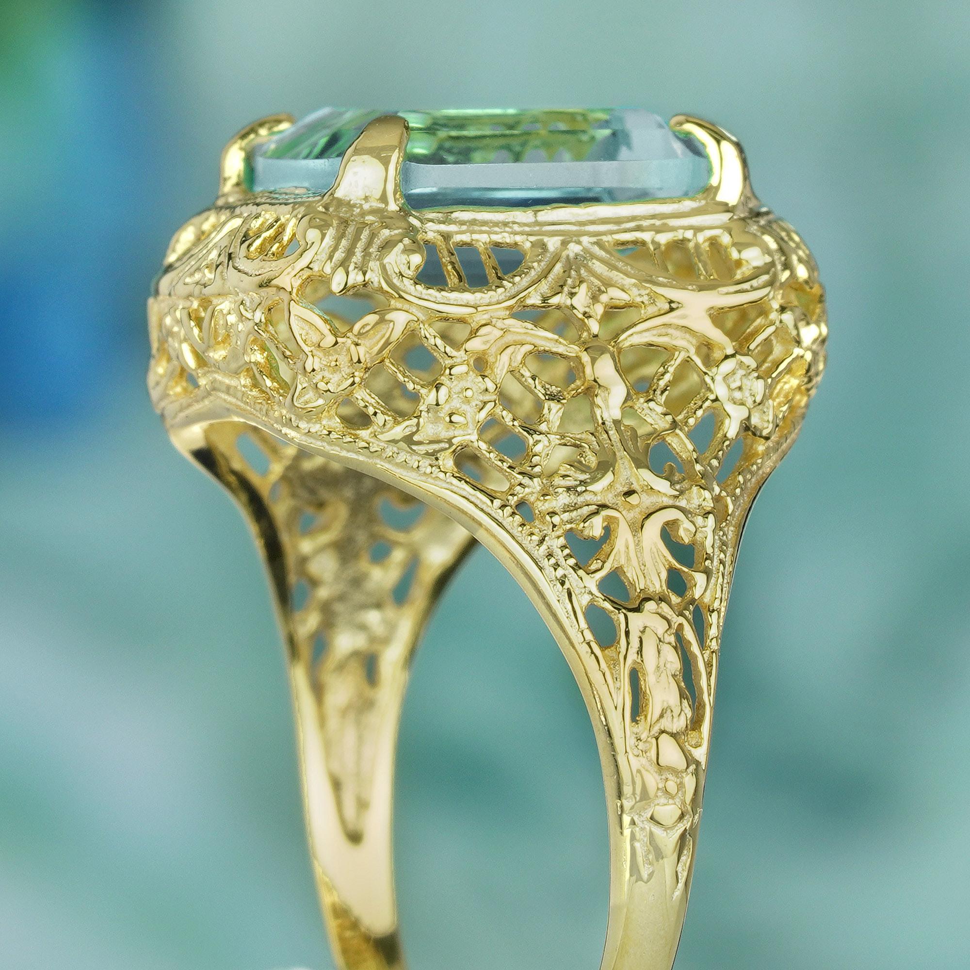 Filigraner Ring aus massivem 9K Gelbgold mit natürlichem Aquamarin im Vintage-Stil Damen im Angebot