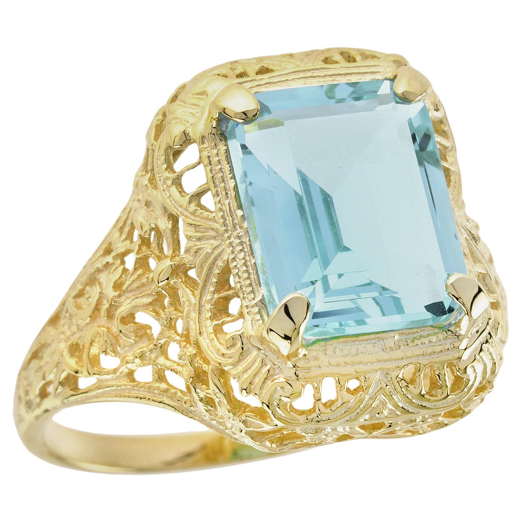 Natural Aquamarine Vintage Style Filigree Ring in Solid 9K Yellow Gold For Sale