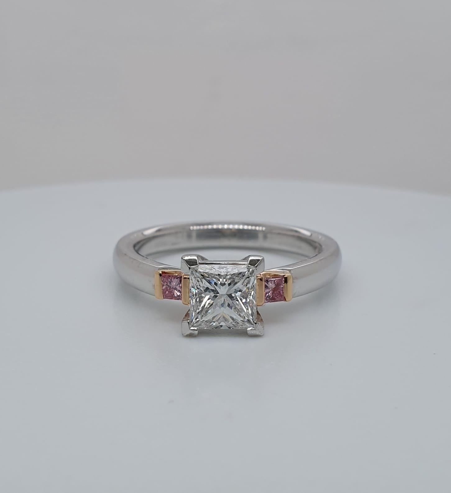 Contemporary Natural Argyle Certified Pink and White Diamond Princess Cut Engagement Ring For Sale