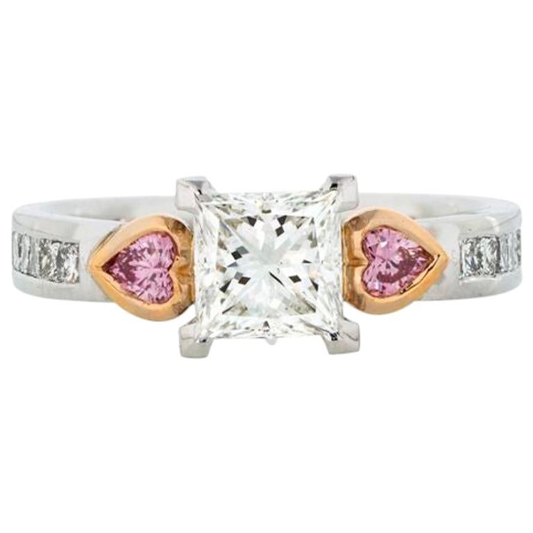 Natural Argyle Certified Pink and White Diamond Princess Cut & Heart Shaped Ring For Sale