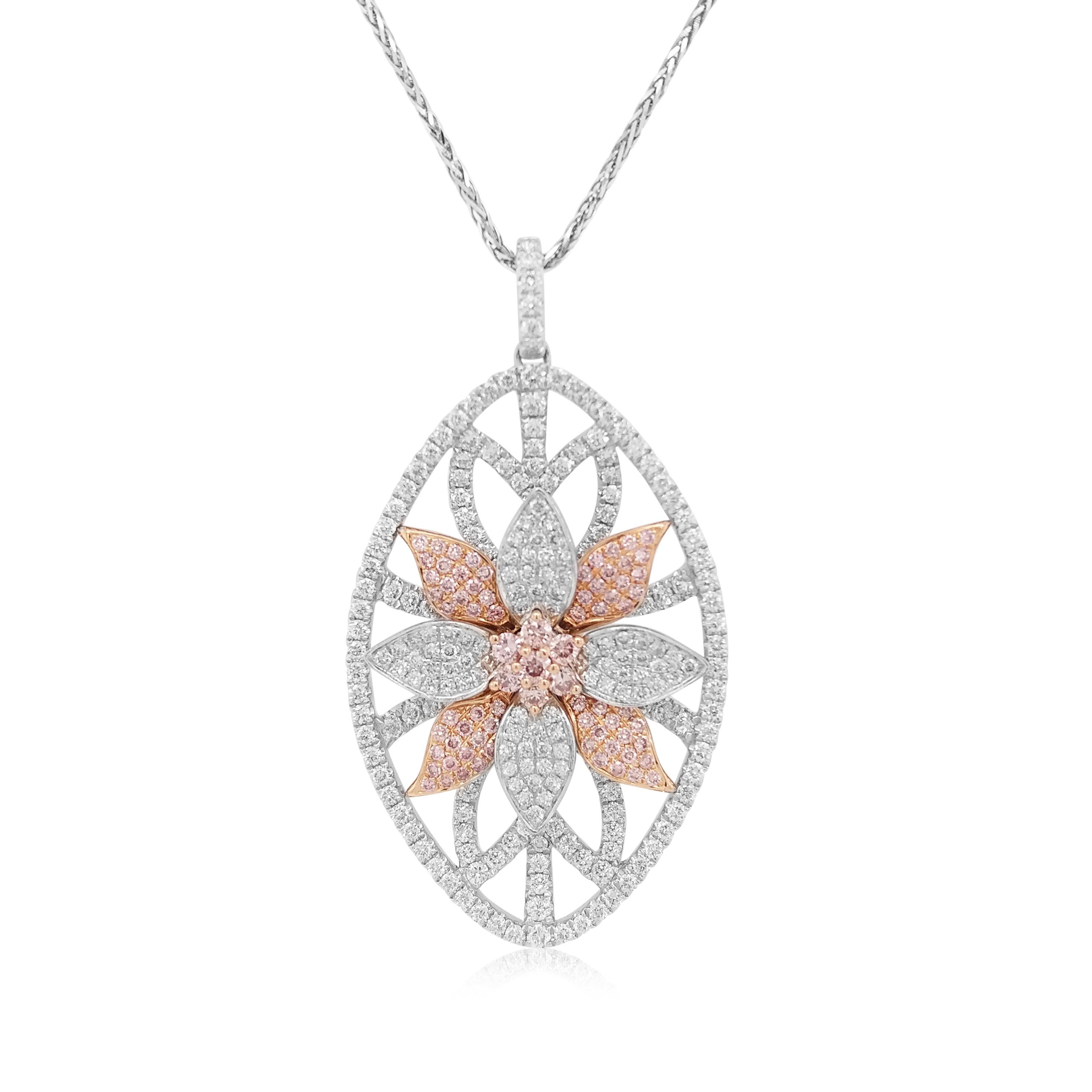 Collier pendentif en or 18 carats avec diamants roses d'Argyle naturels et diamants blancs