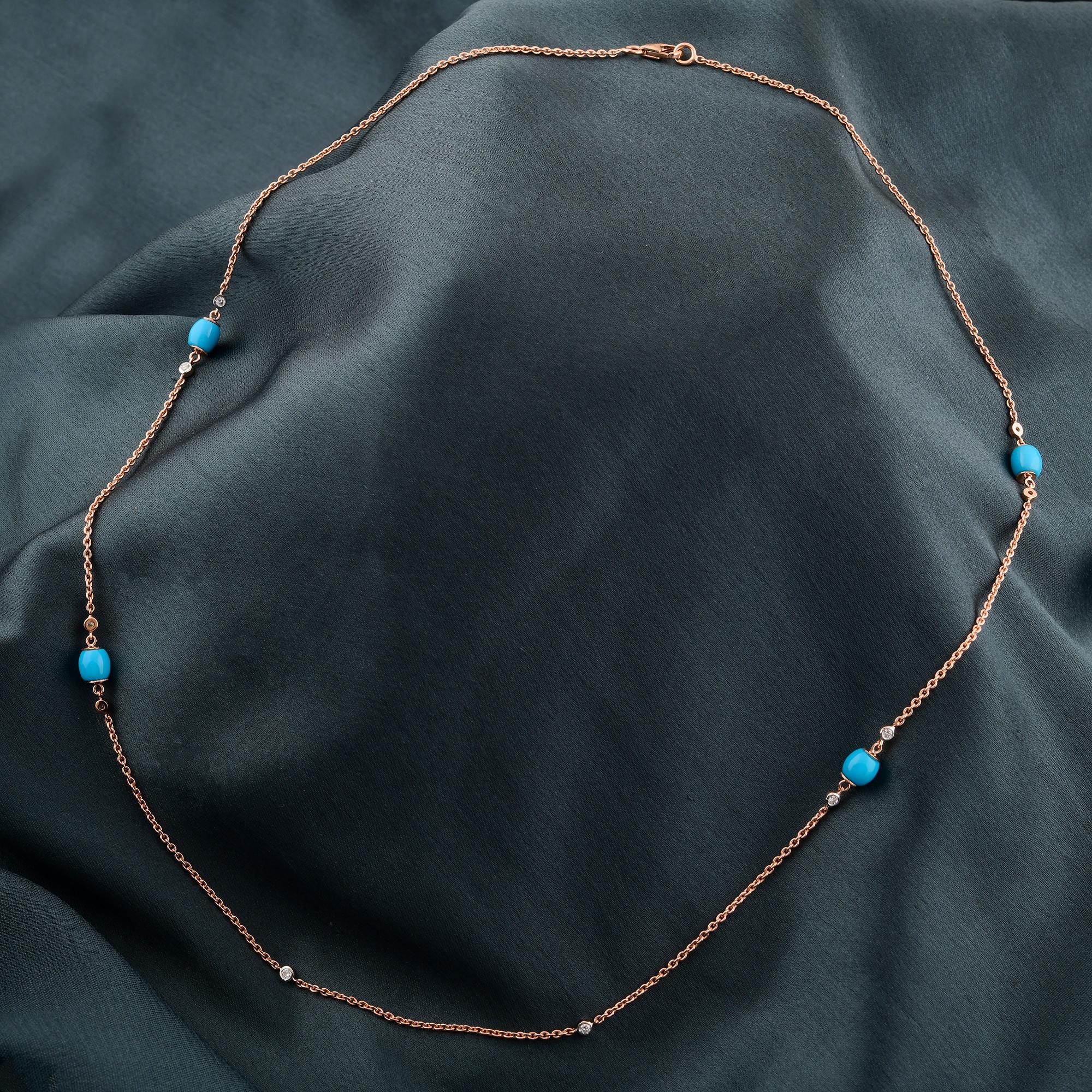 Modern Natural Arizona Turquoise Bead Chain Necklace Diamond 14 Karat Rose Gold Jewelry For Sale