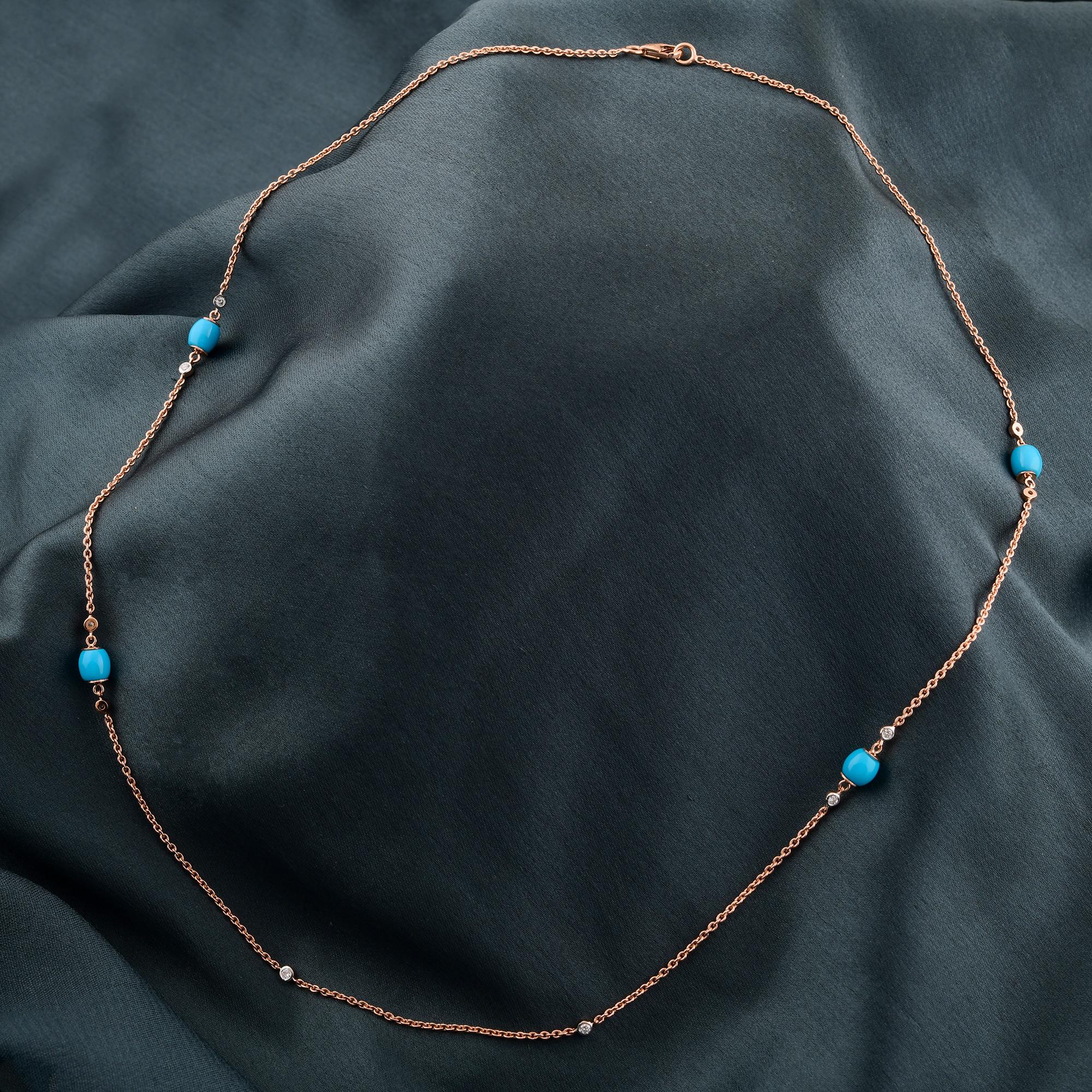 Moderne Chaîne collier en or rose 14 carats avec perles de turquoise naturelle de l'Arizona et diamants en vente