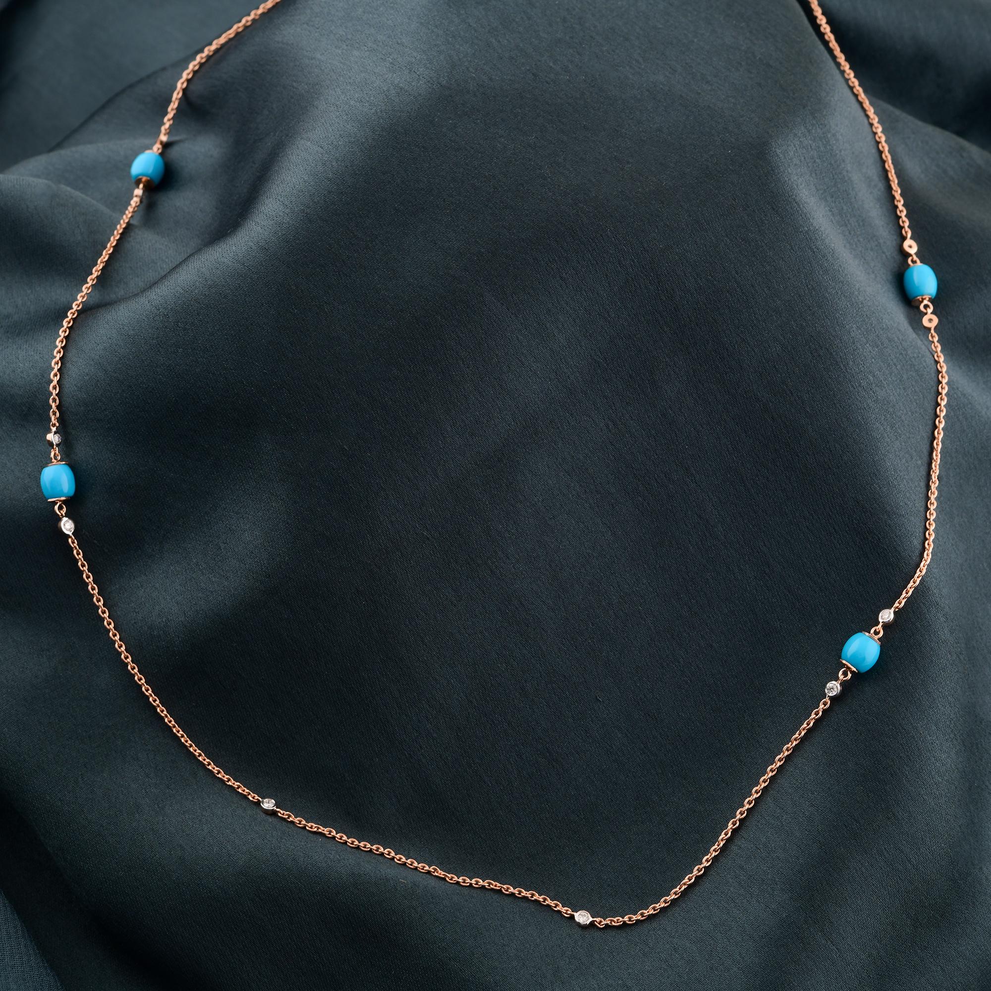 Perle Chaîne collier en or rose 14 carats avec perles de turquoise naturelle de l'Arizona et diamants en vente