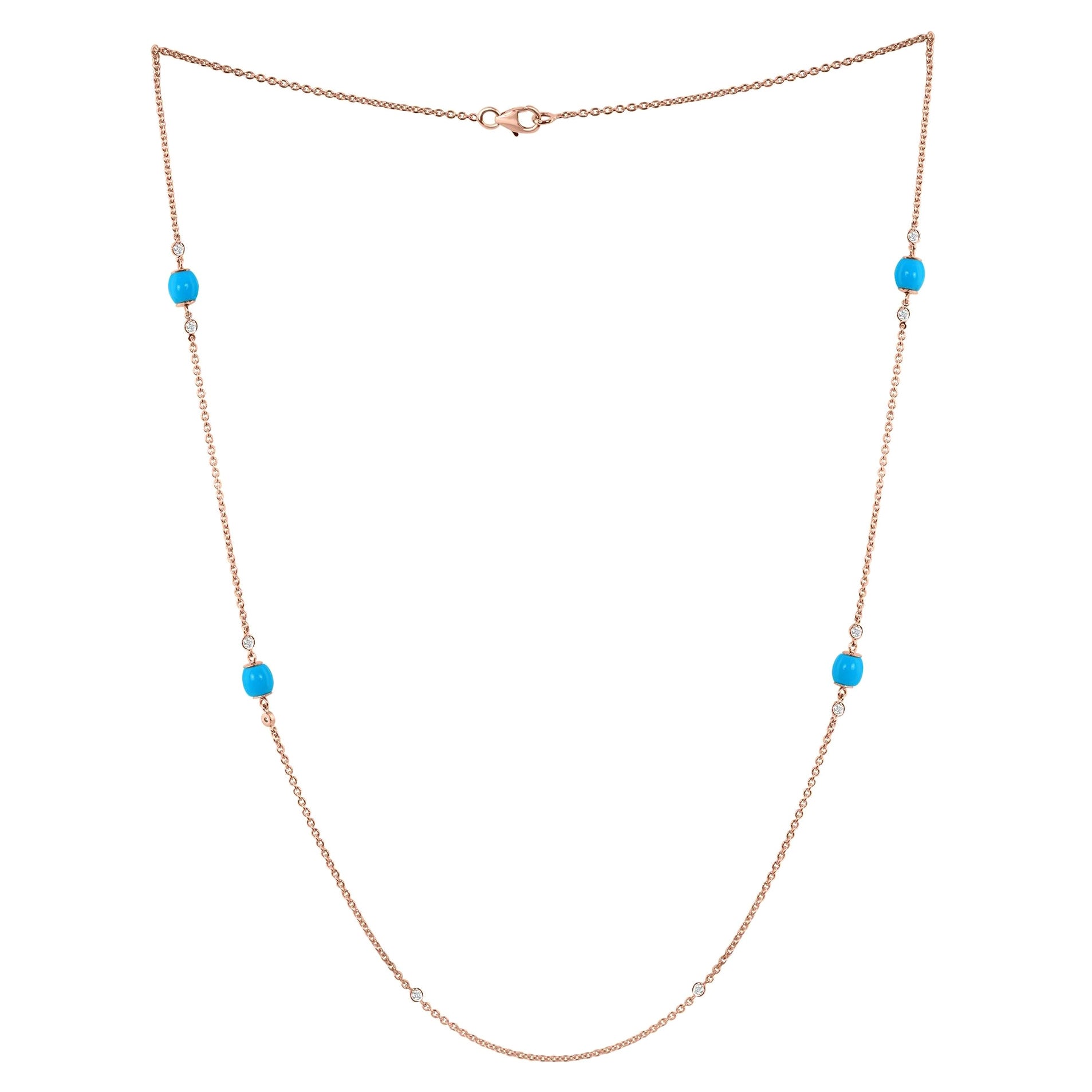 Chaîne collier en or rose 14 carats avec perles de turquoise naturelle de l'Arizona et diamants