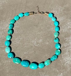 Natural Arizona Turquoise Beaded Necklace with 14k Gold extender, 15-17"