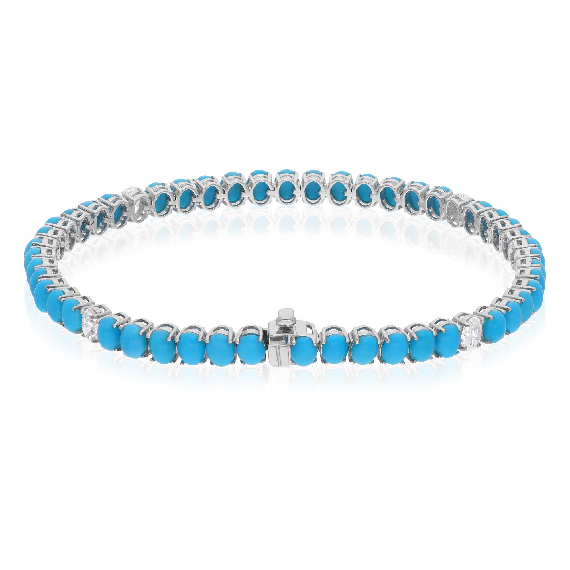 Taille ovale Bracelet en or blanc 14 carats avec turquoises naturelles d'Arizona et diamants