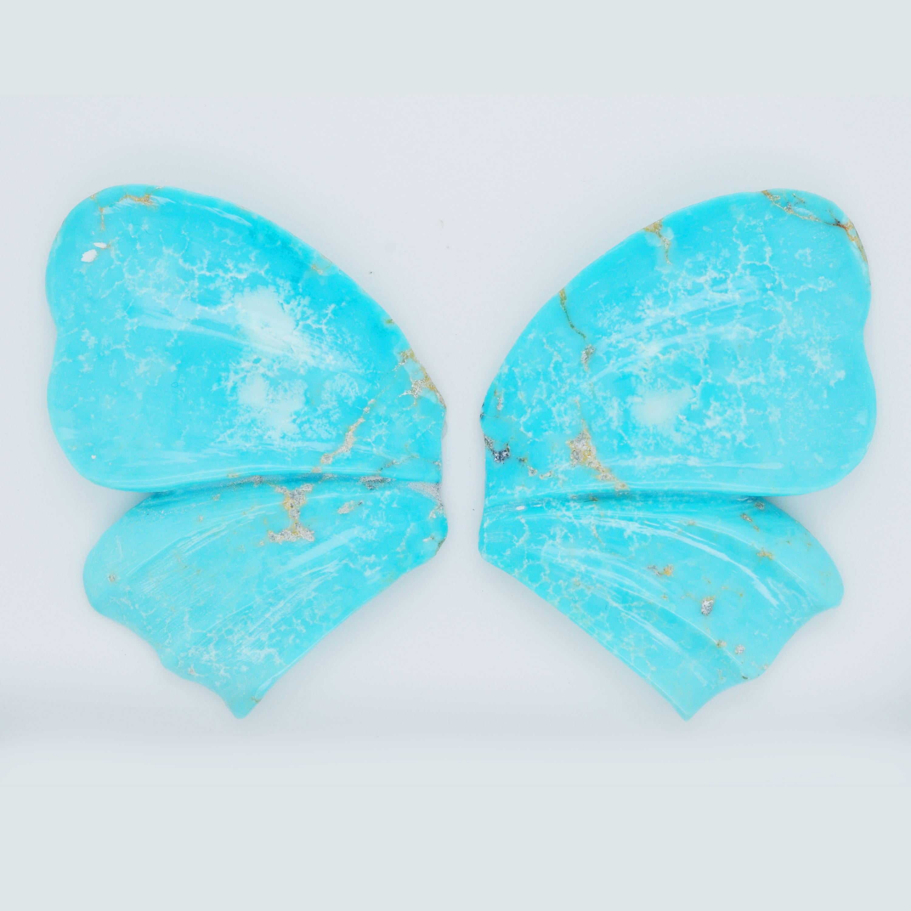 Contemporary Natural Arizona Turquoise Hand Carved Butterfly Wings Loose Gemstone Brooch For Sale