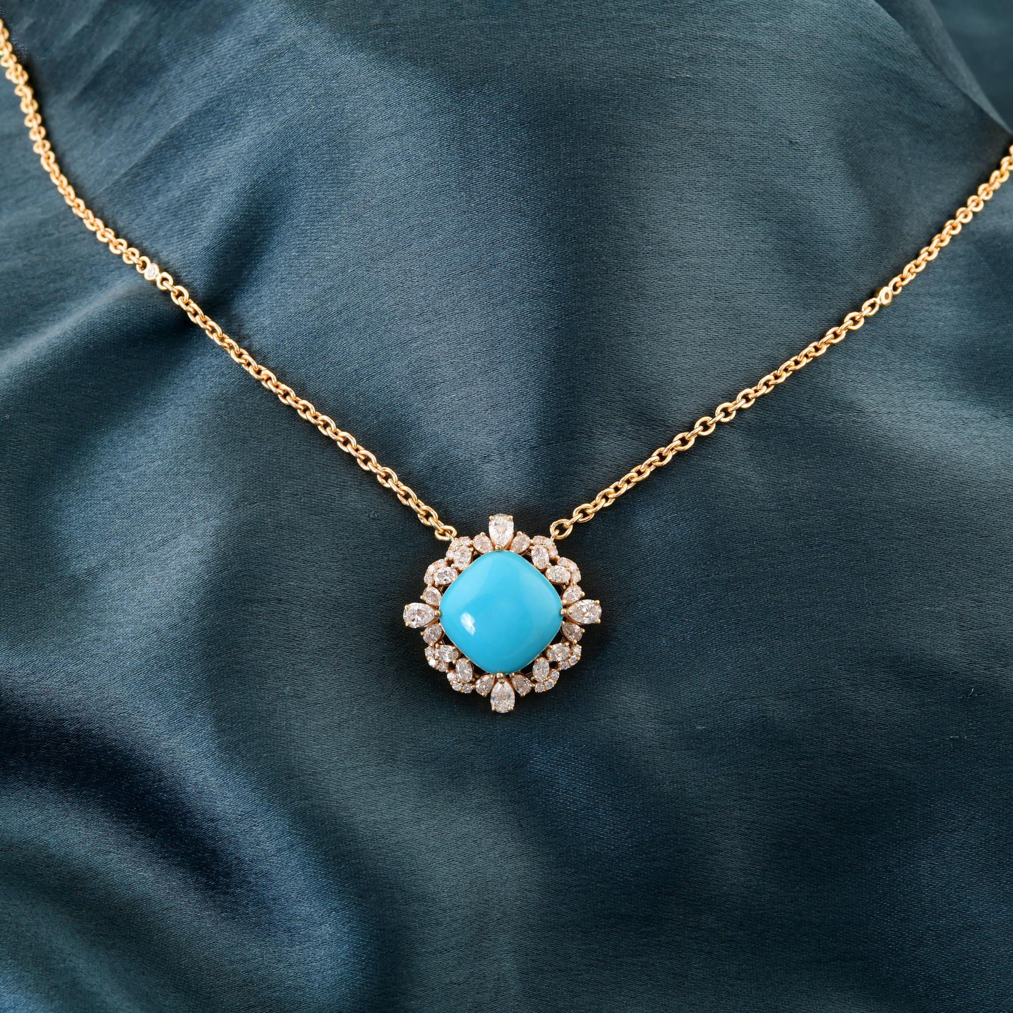 Modern Natural Arizona Turquoise Pendant SI/H Diamond 14 Karat Yellow Gold Necklace For Sale