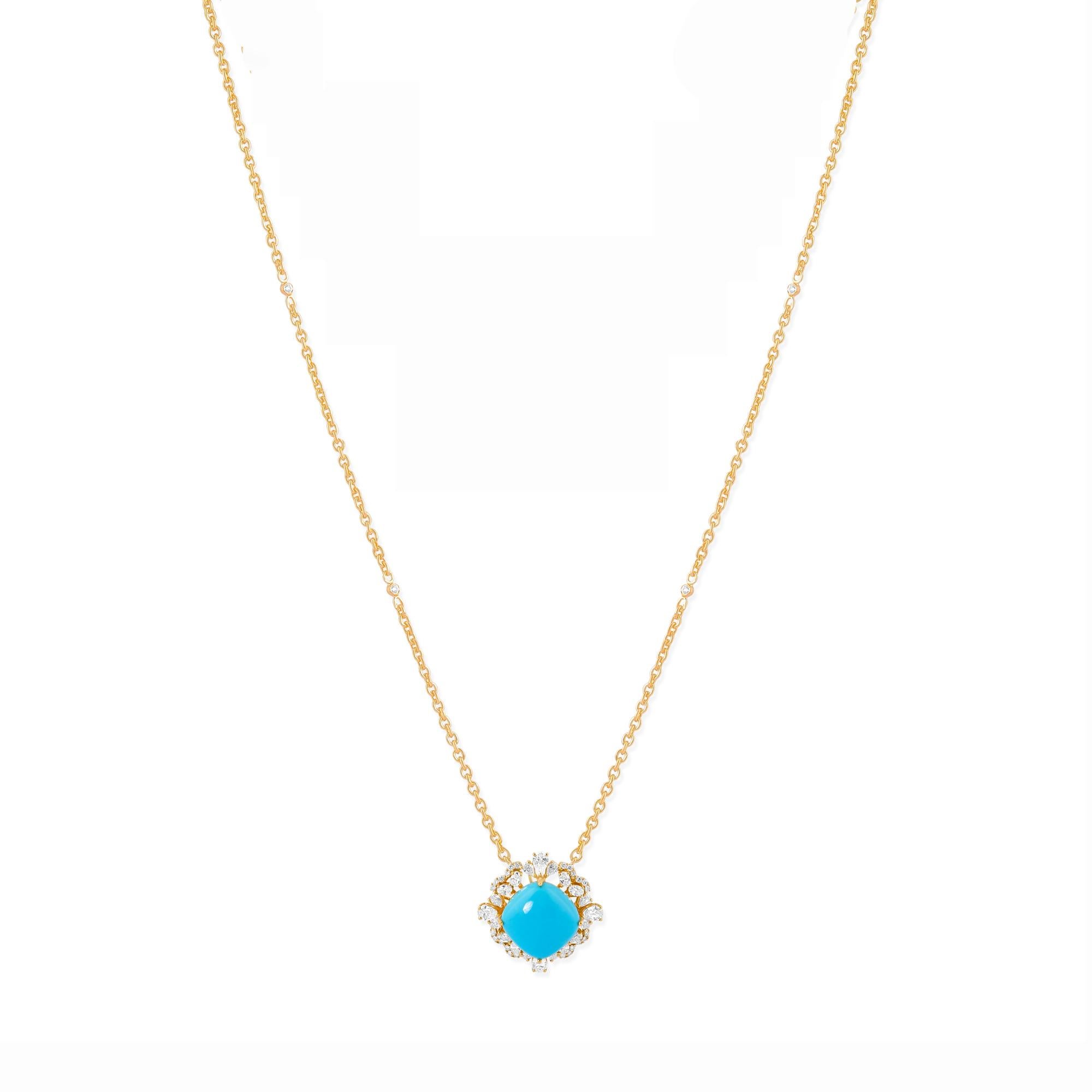 Cushion Cut Natural Arizona Turquoise Pendant SI/H Diamond 14 Karat Yellow Gold Necklace For Sale