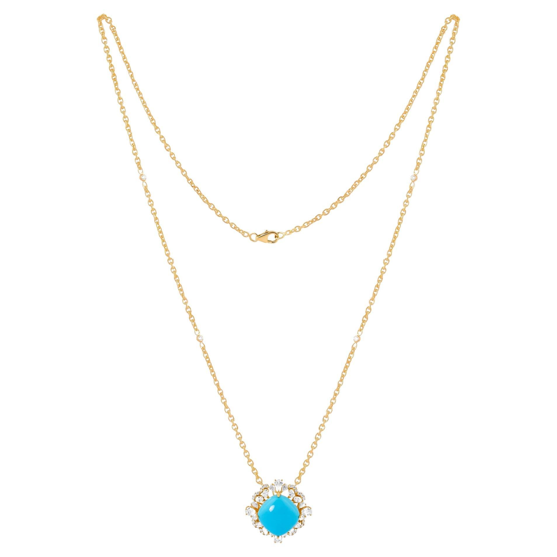 Colgante de Turquesa Natural de Arizona SI/H Diamante Collar de Oro Amarillo de 14 Kilates