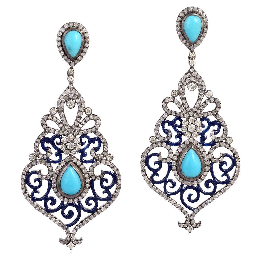Antique French Enamel Turquoise Diamond Chandelier Earrings at 1stDibs