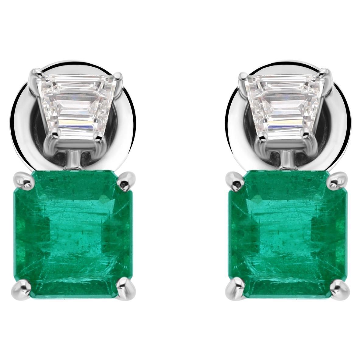 Natural Ascher Cut Emerald Diamond Stud Earrings 14K White Gold