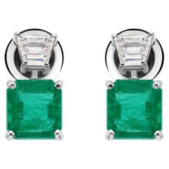 Natural Ascher Cut Emerald Diamond Stud Earrings 18K White Gold