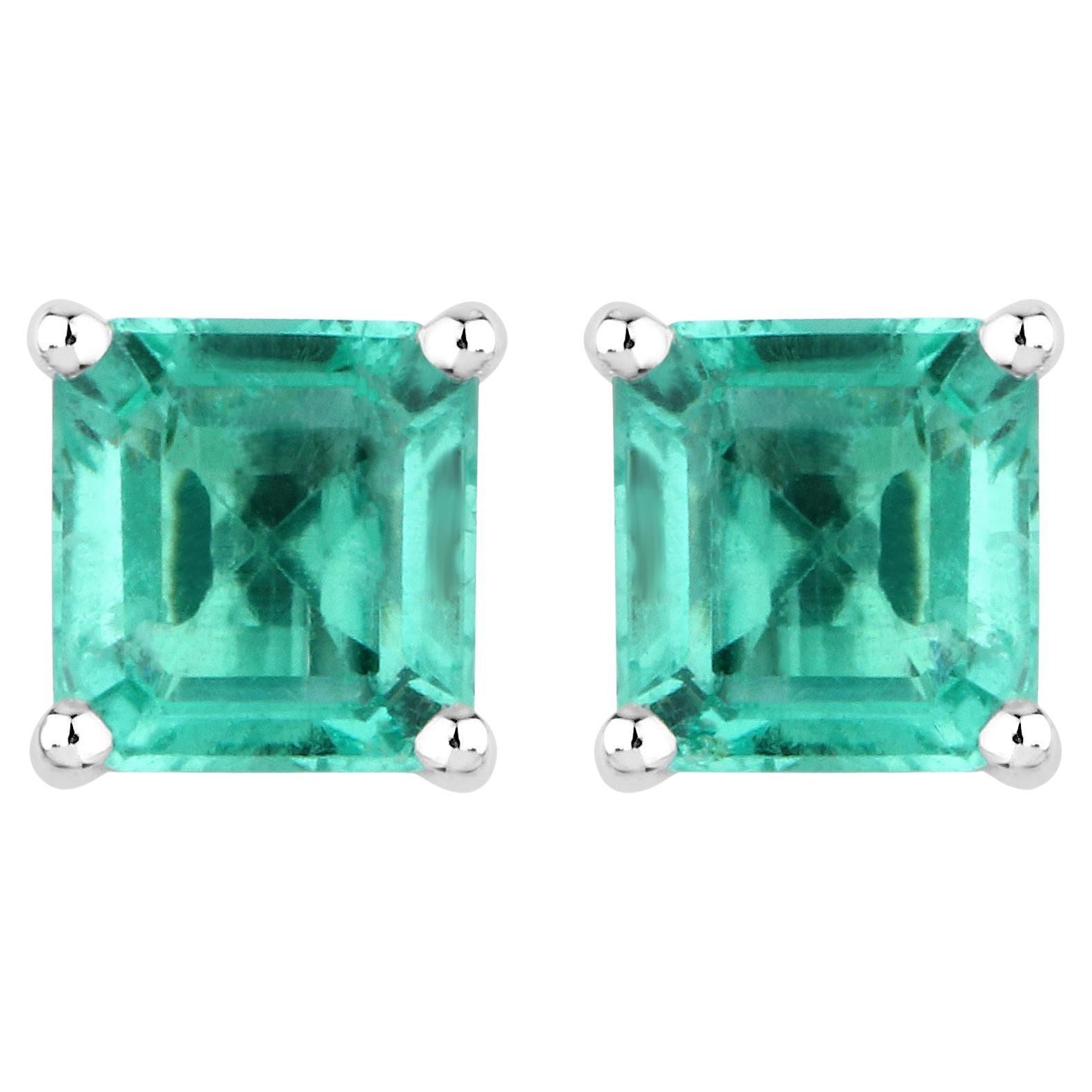 Natural Asscher Cut Emerald Stud Earrings 1.05 Carats 14K White Gold For Sale