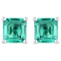 Natural Asscher Cut Emerald Stud Earrings 1.05 Carats 14K White Gold