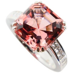 Natural Asscher Cut Peach Pink Tourmaline 4.96 Carat and Diamond Cocktail Ring