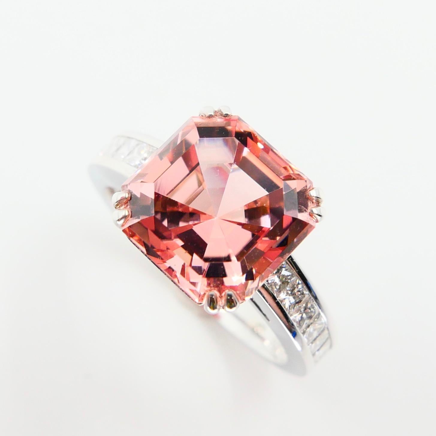 Natural Asscher Cut Peach Pink Tourmaline 4.96 Carat and Diamond Cocktail Ring 8