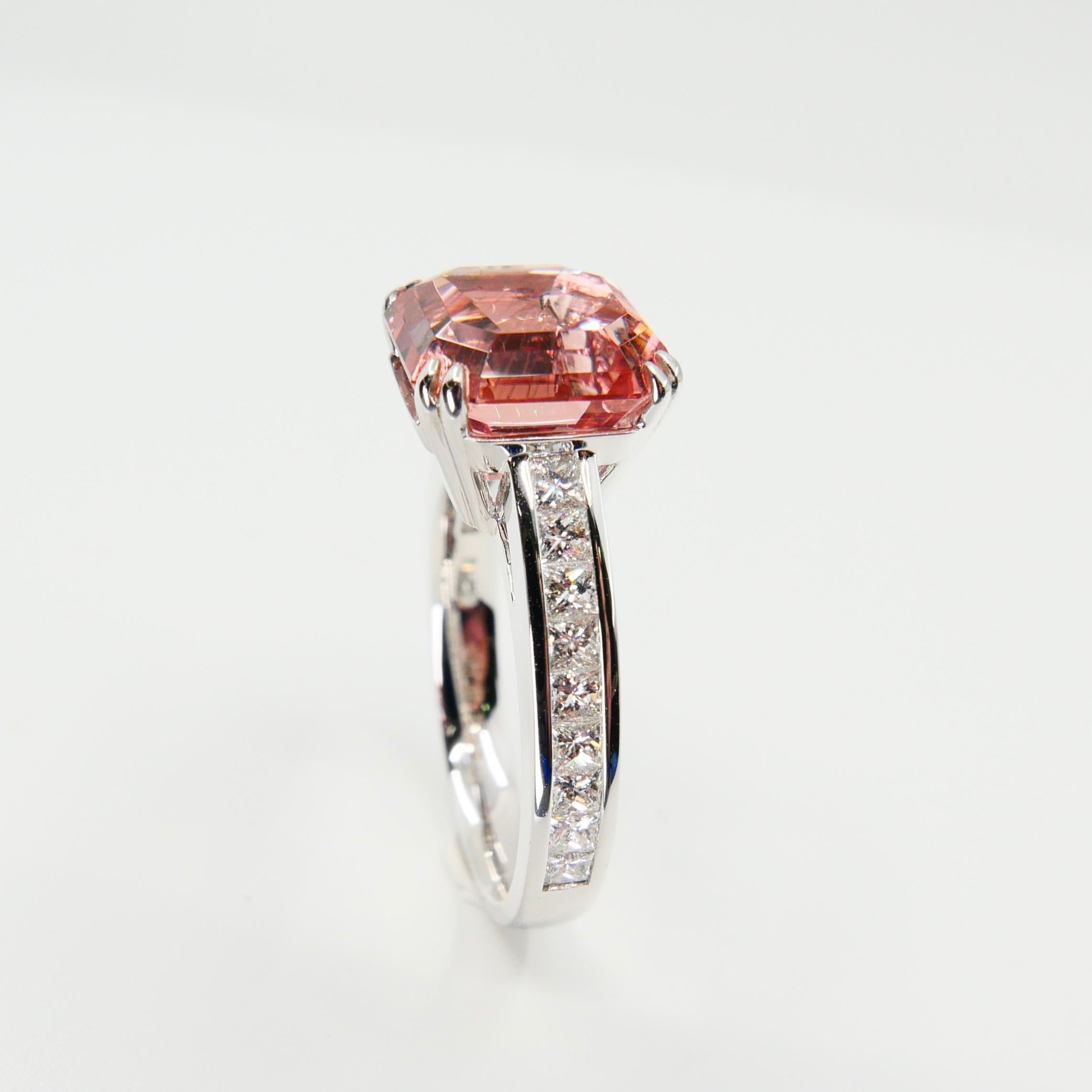 Natural Asscher Cut Peach Pink Tourmaline 4.96 Carat and Diamond Cocktail Ring In New Condition In Hong Kong, HK