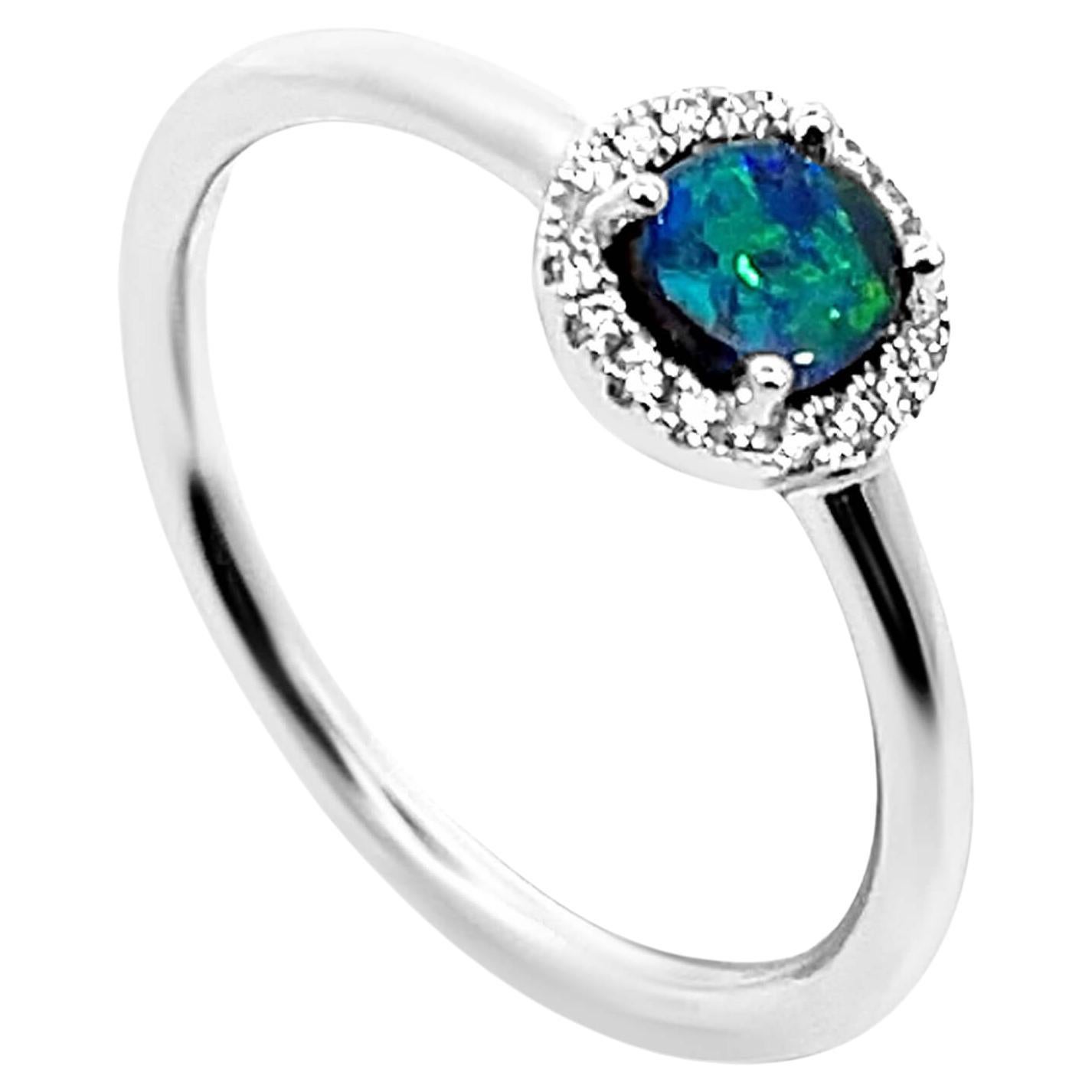 Natural Australian 0.51ct Boulder Opal Diamond Engagement Ring 18K White Gold