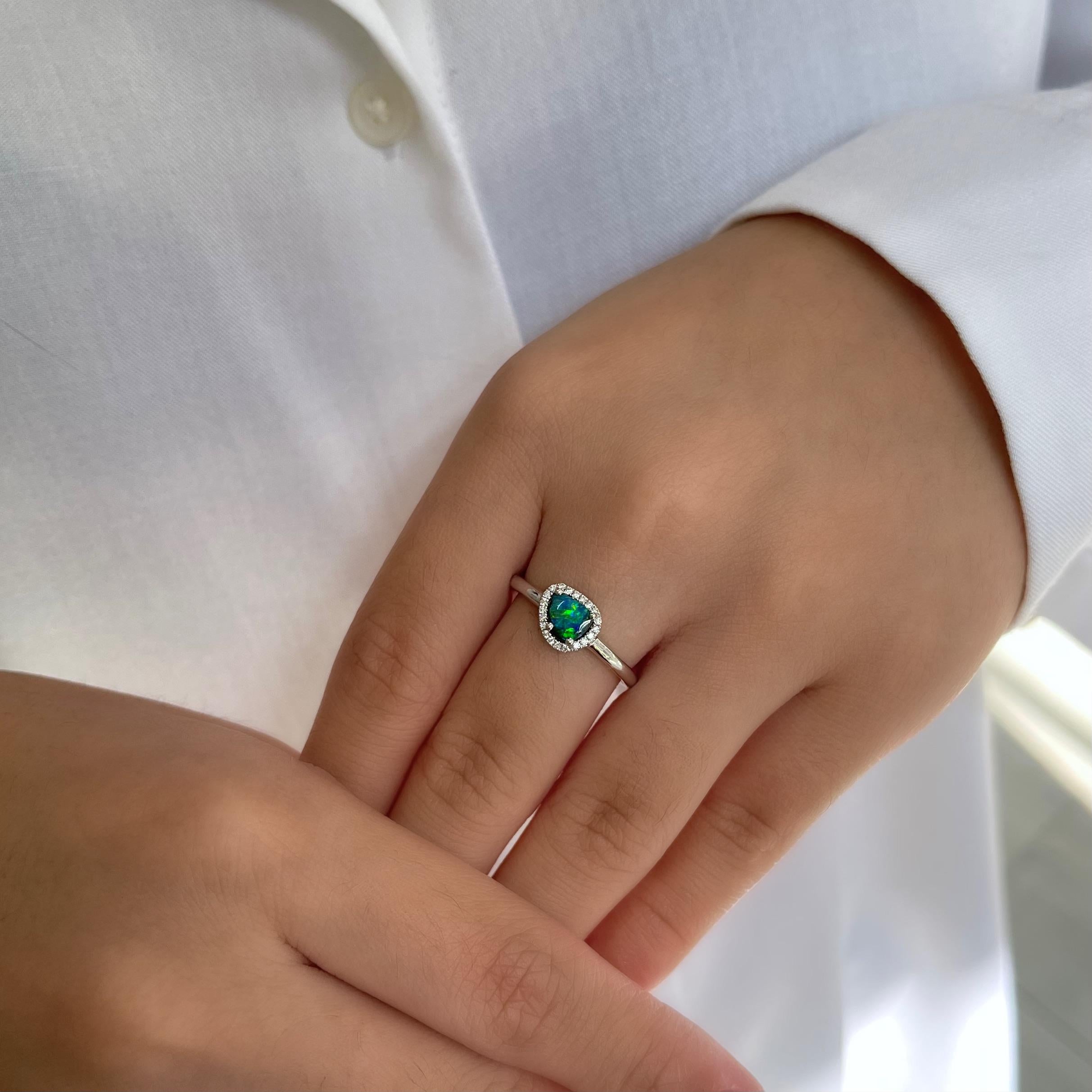 A piece that will not pass unnoticed. The 'Meet the Cute' features a peerless boulder opal (0.68ct) ethically sourced from our own mines in Jundah-Opalville. Wonderfully crafted in 18K white gold and flanked by twinkling diamonds, the opal