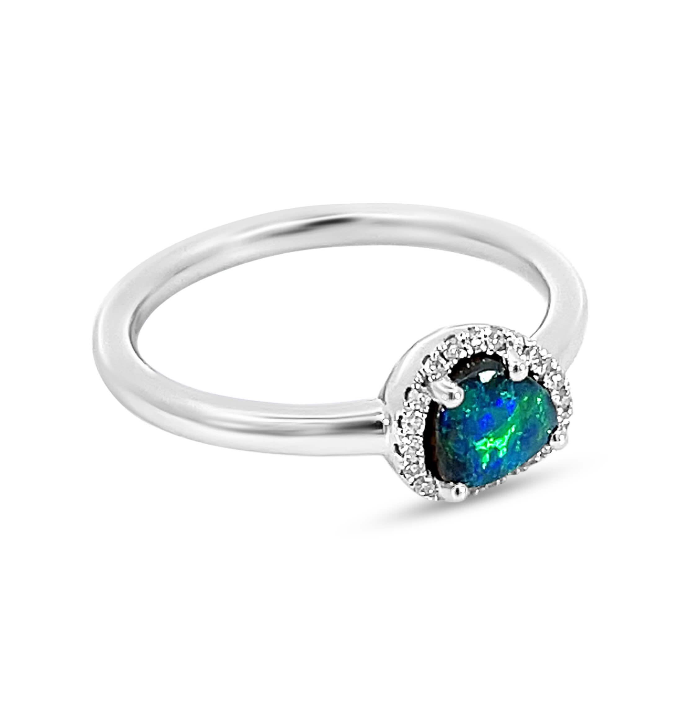 Cabochon Natural Australian 0.68ct Boulder Opal Diamond Engagement Ring 18K White Gold For Sale