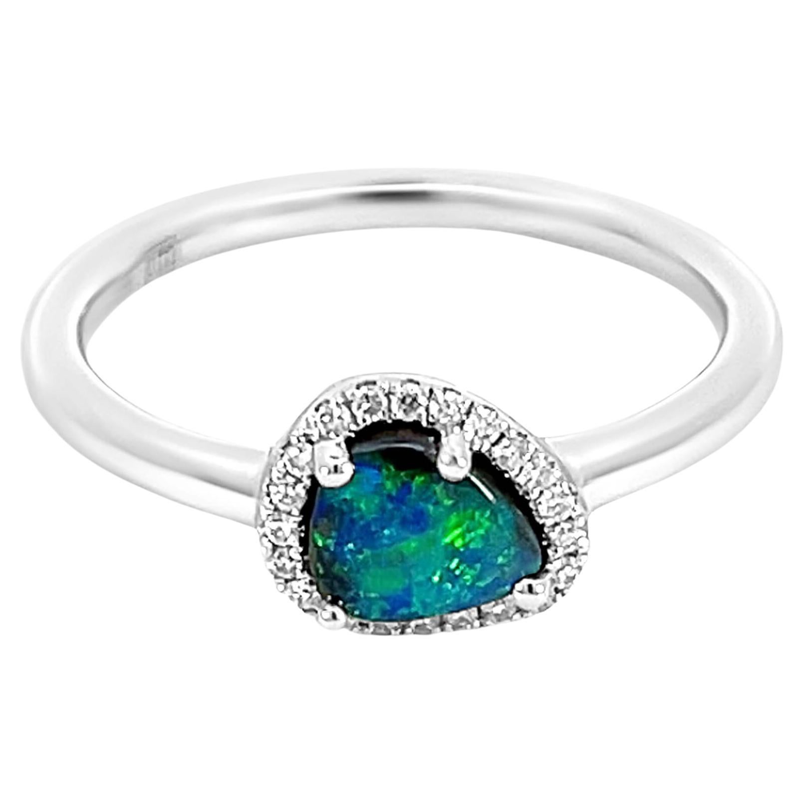 Natural Australian 0.68ct Boulder Opal Diamond Engagement Ring 18K White Gold For Sale