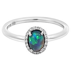 Natural Australian 0.76Ct Black Opal Engagement Ring 18K White Gold with Diamond