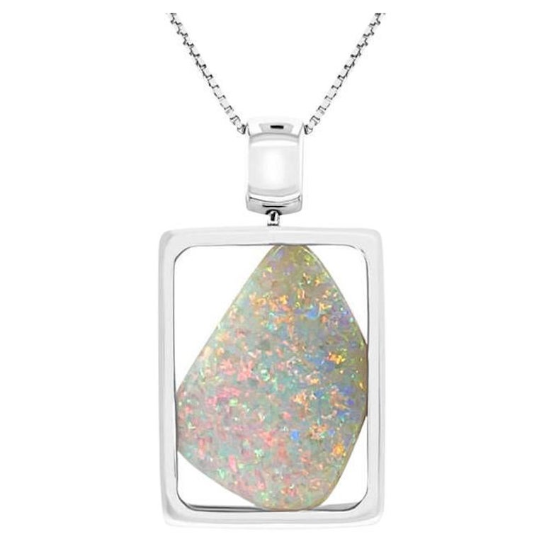 Collier pendentif en or blanc 18 carats avec opale de roche australienne naturelle de 13,03 carats en vente