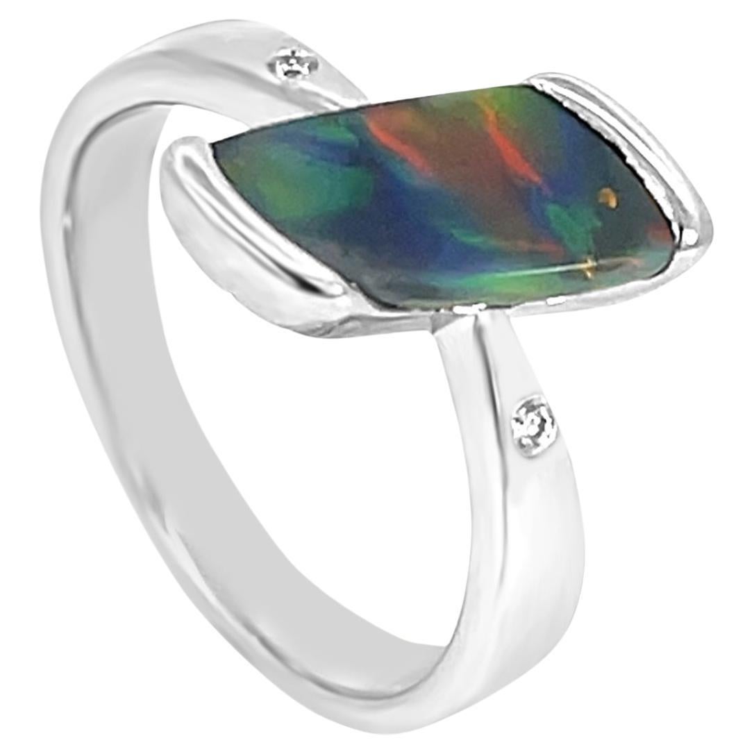 Natural Australian 1.36ct Black Opal Engagement Ring 18k White Gold with Diamond For Sale