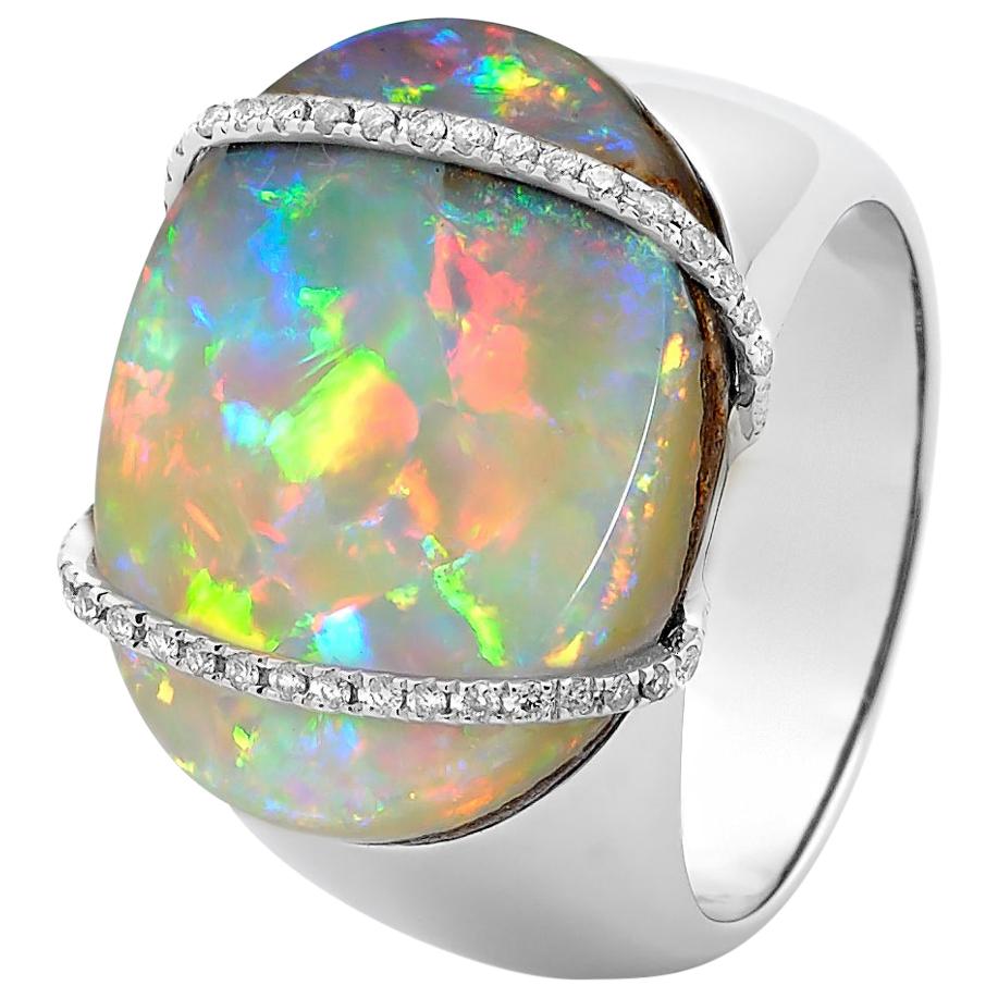 Natural Australian 14.52ct Boulder Opal/Diamond Cocktail Ring in 18K White Gold For Sale