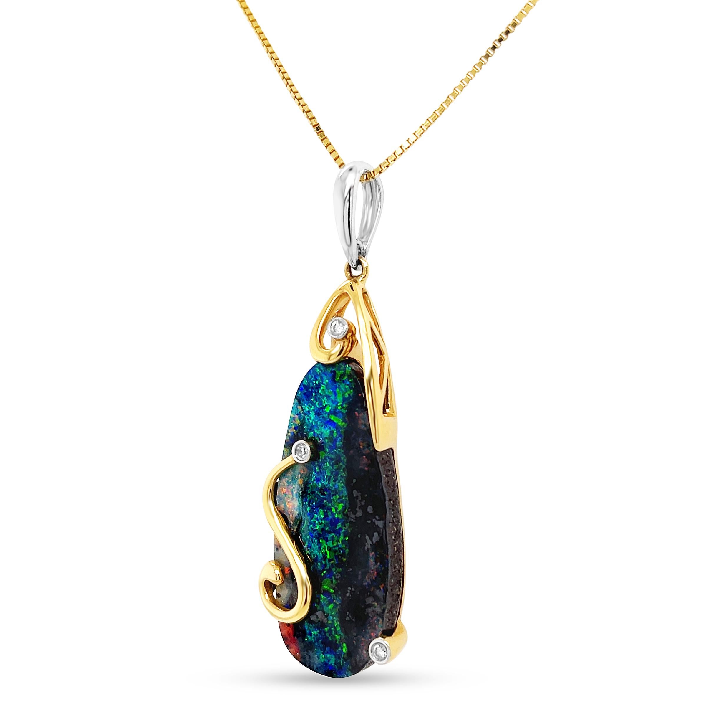 Contemporary Natural Australian 19.90ct Boulder Opal Pendant Necklace in 18K Yellow Gold For Sale