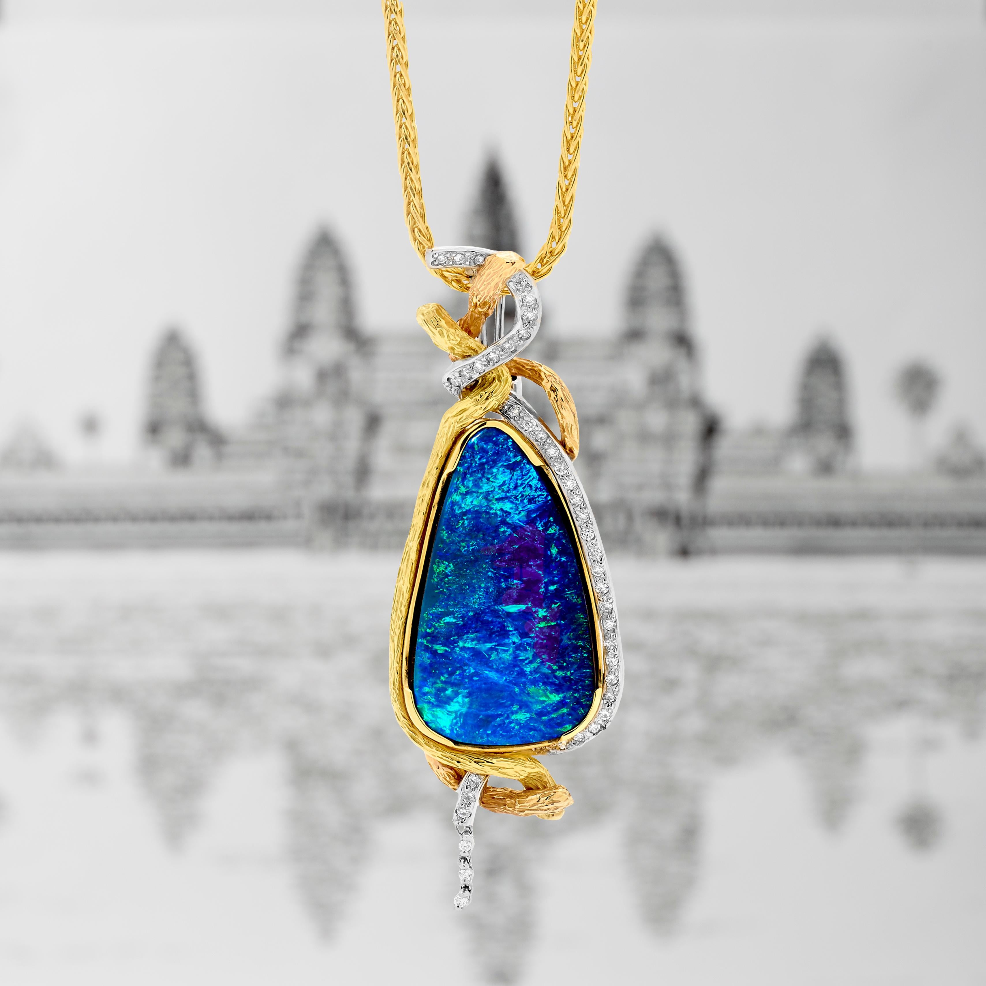 The power of nature cradling the remnants of an ancient civilisation of Angkor in Cambodia inspired Renata Bernard to create the Ta Prohm set of a pendant, ring and earrings. The “Ta Prohm” boulder opal pendant is an exceptional handmade piece set