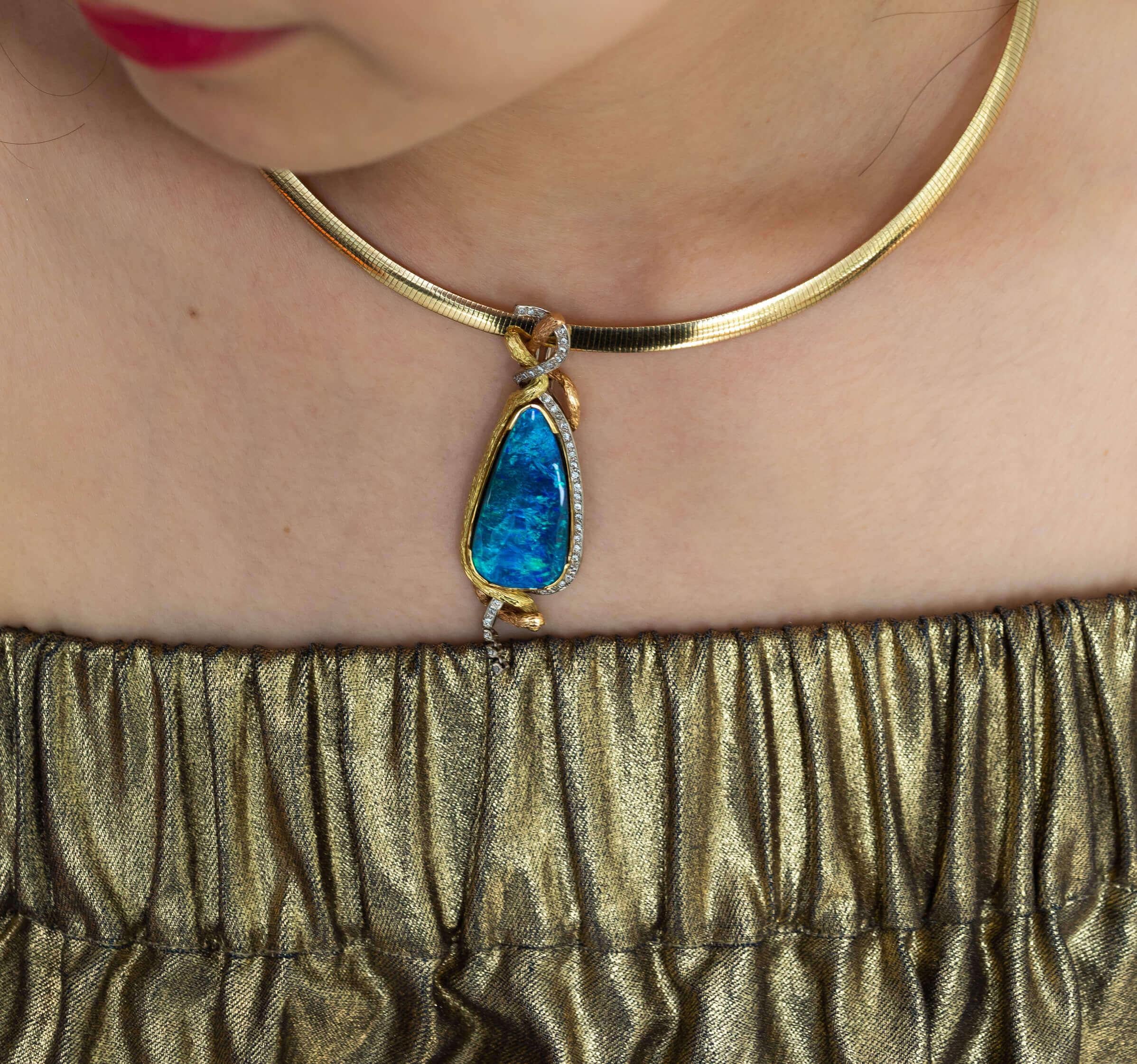 Contemporary Natural Australian 21.60ct Boulder Opal Pendant Necklace 18k Gold with Diamonds For Sale