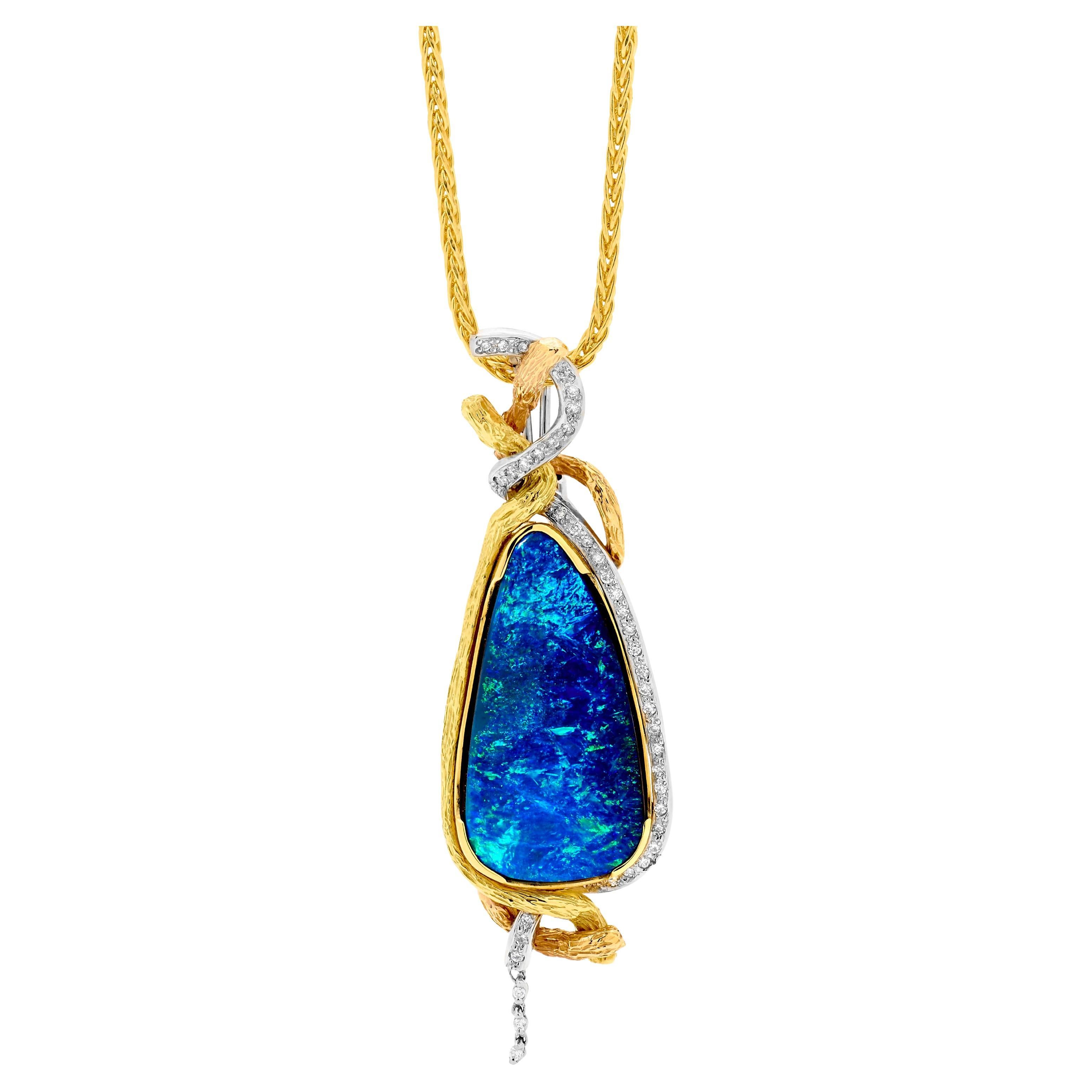 Natural Australian 21.60ct Boulder Opal Pendant Necklace 18k Gold with Diamonds For Sale