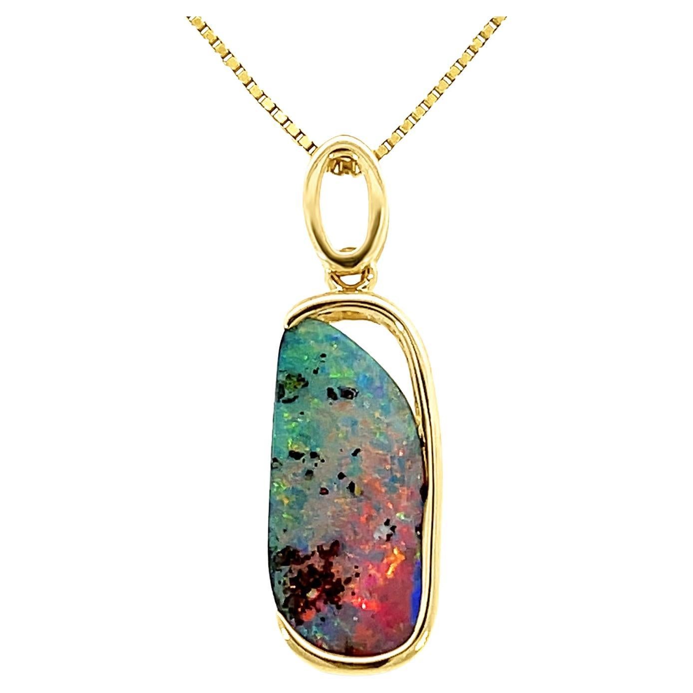 Natural Australian 3.43 Ct Boulder Opal Pendant Necklace in 18k Yellow Gold For Sale