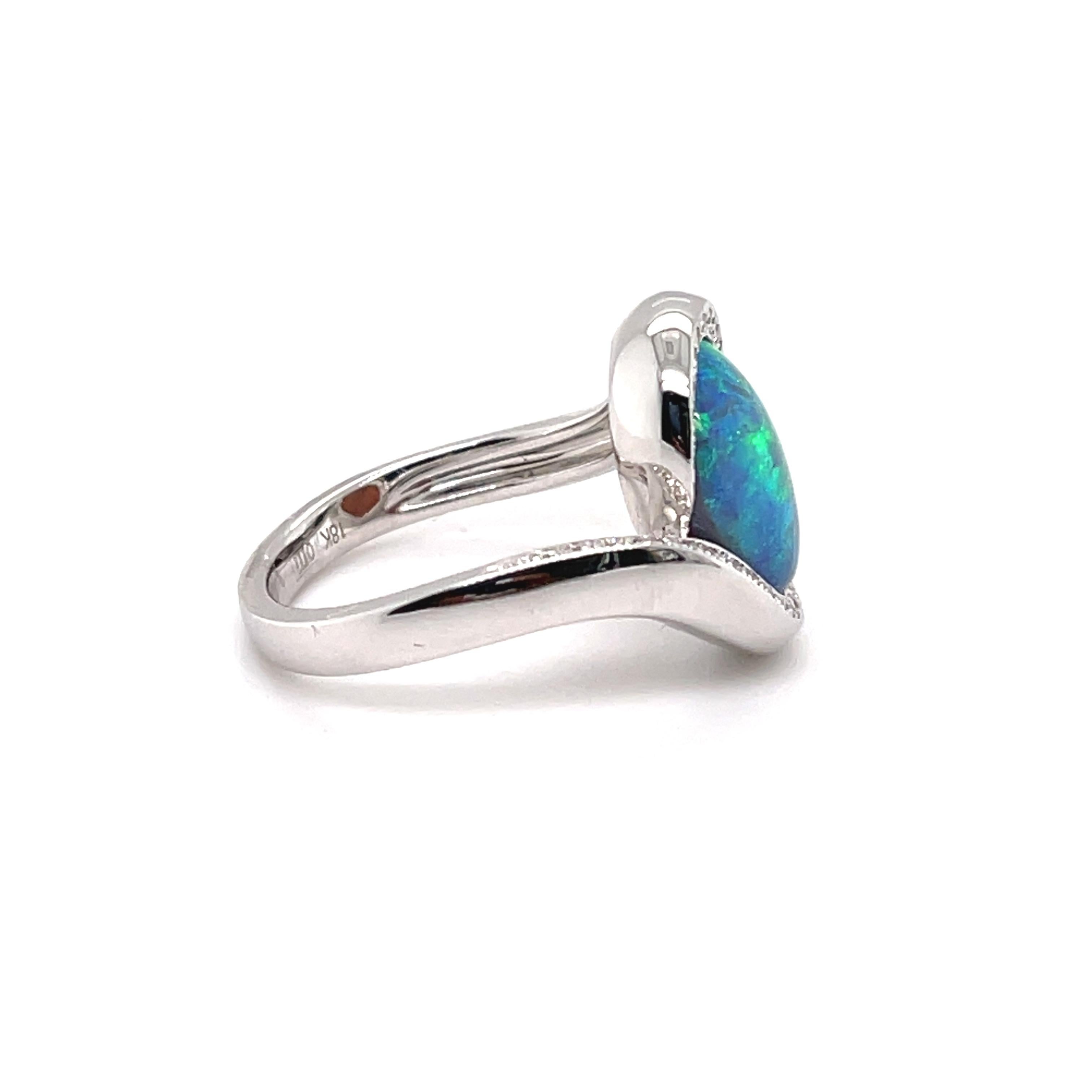 Cabochon Natural Australian 3.82 Ct Black Opal Diamond Engagement Ring 18K White Gold For Sale