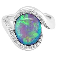 Natural Australian 3.82 Ct Black Opal Diamond Engagement Ring 18K White Gold