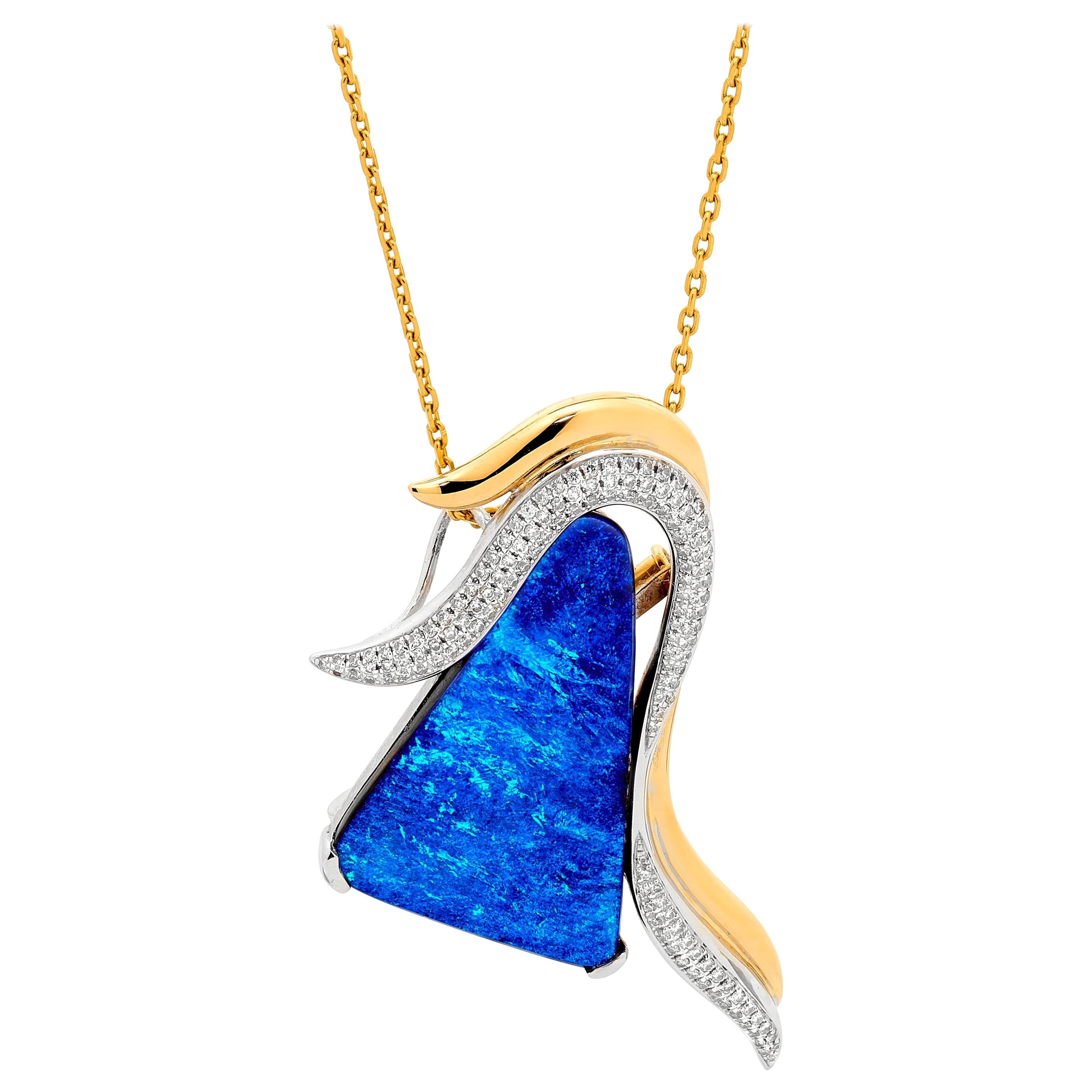 Natural Australian 47.28ct Boulder Opal and Diamond Pendant Brooch, 18K Gold