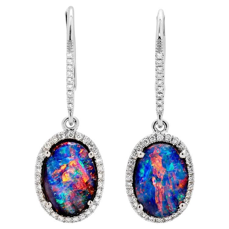 Natural Australian 5.70ct Boulder Opal/Diamond Dangle Earrings in 18k White Gold