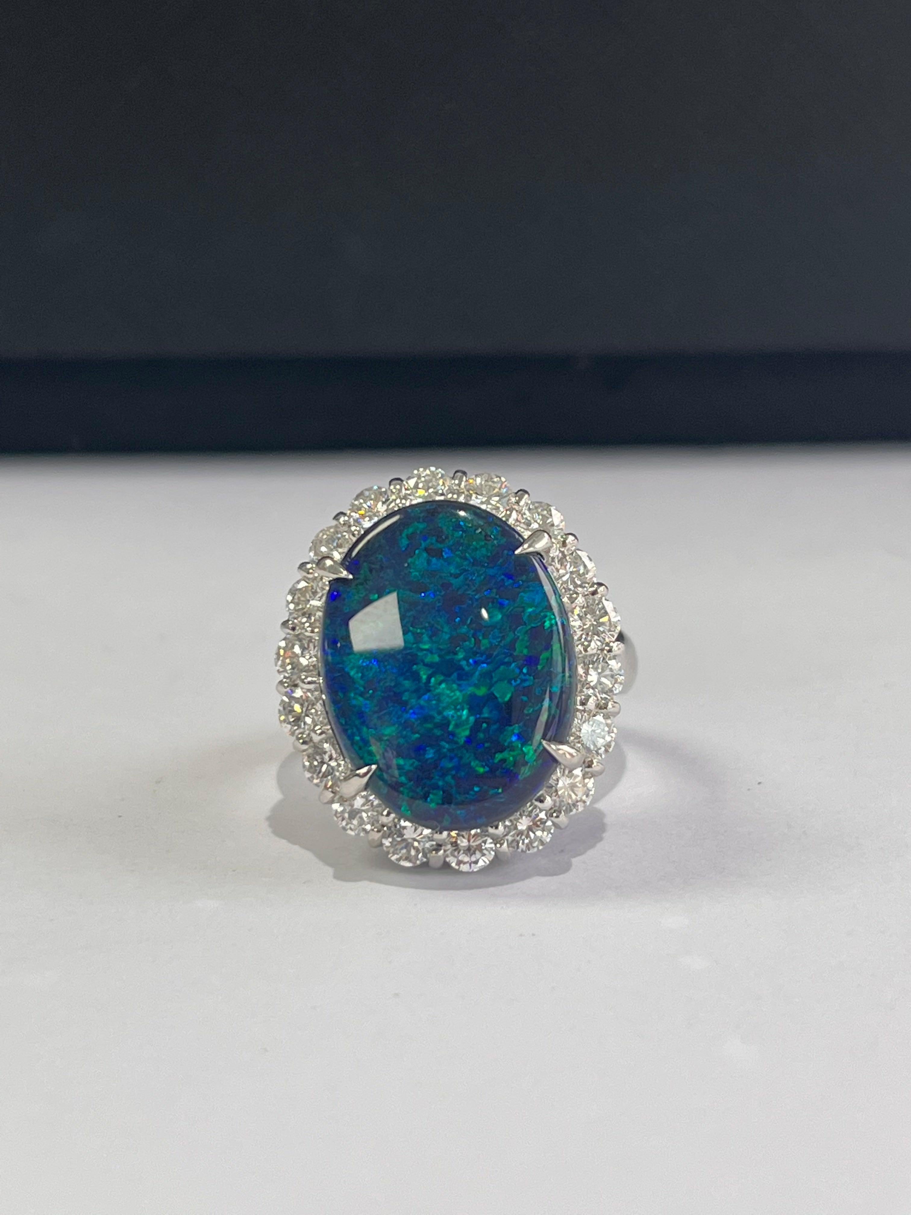 Modern Natural Australian Black Opal & Diamonds Engagement/ Cocktail Ring set in PT900 For Sale
