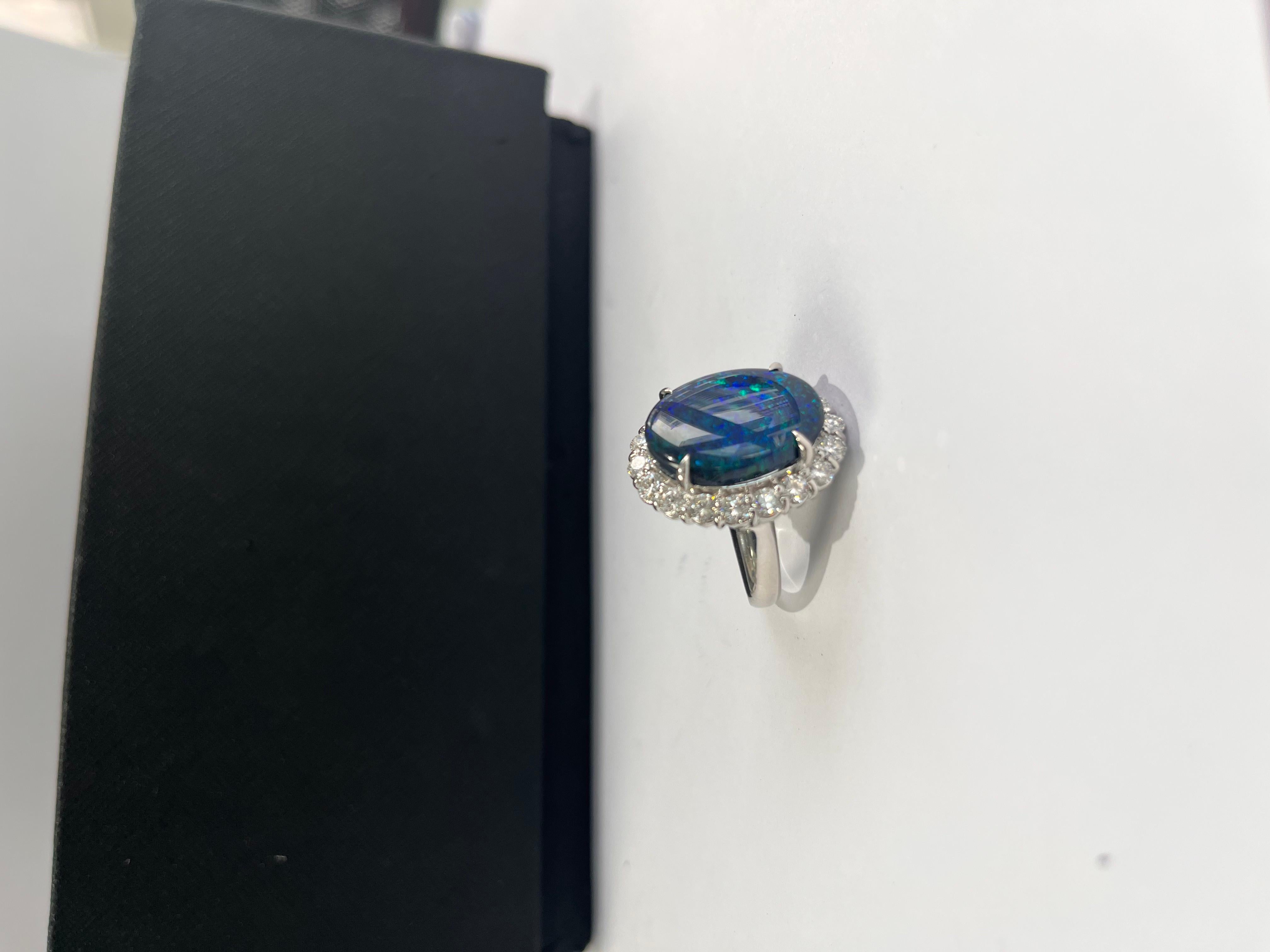 Cabochon Natural Australian Black Opal & Diamonds Engagement/ Cocktail Ring set in PT900 For Sale