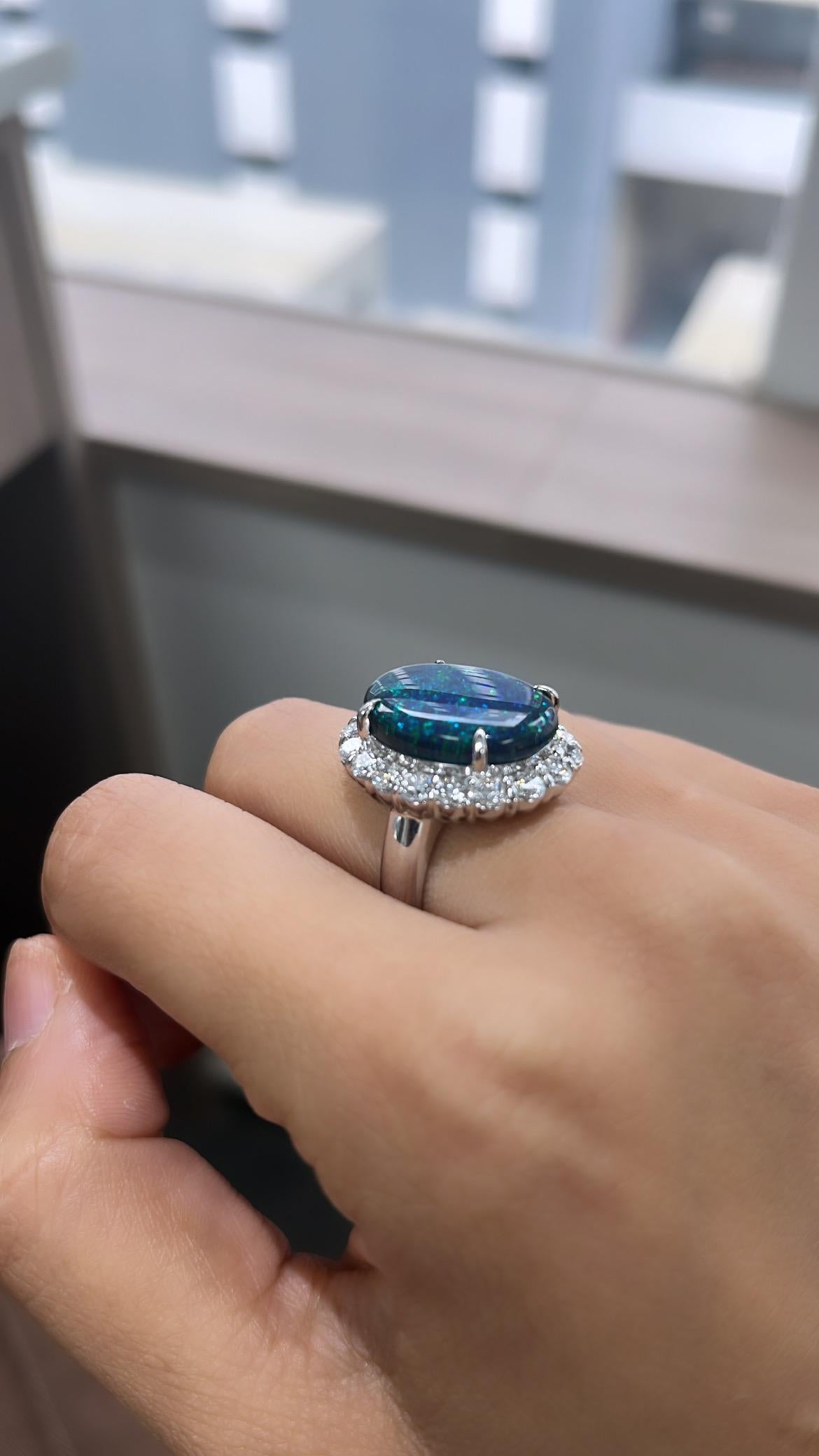 Natural Australian Black Opal & Diamonds Engagement/ Cocktail Ring set in PT900 For Sale 3