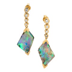 Natural Australian Boulder Opal / Diamond Set Dangle Earrings and Ring 18k Gold